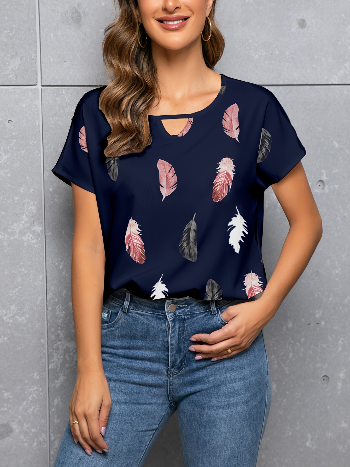 feather print crew neck blouse casual cut out short sleeve blouse for spring summer womens clothing details 0