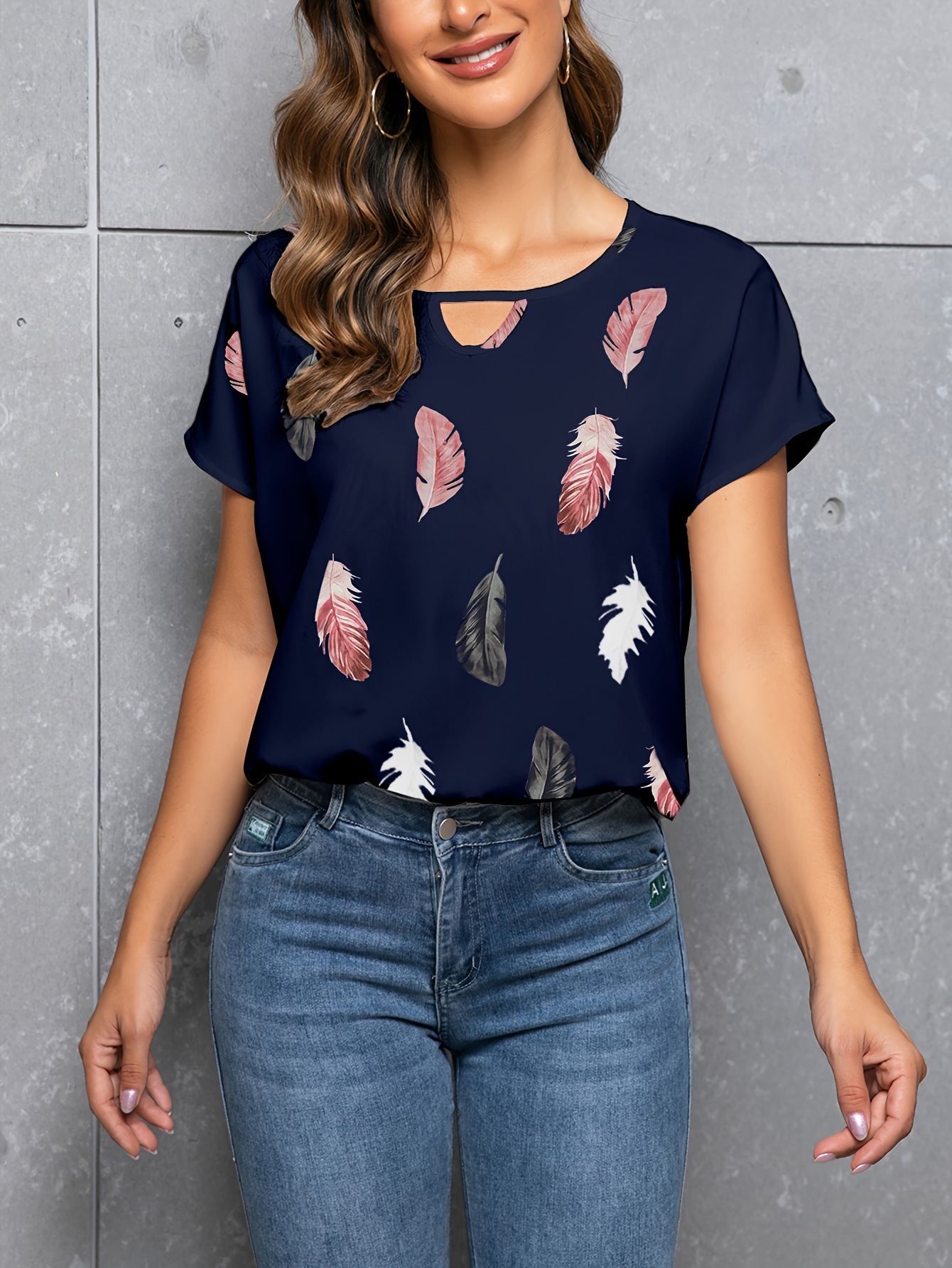 feather print crew neck blouse casual cut out short sleeve blouse for spring summer womens clothing details 3