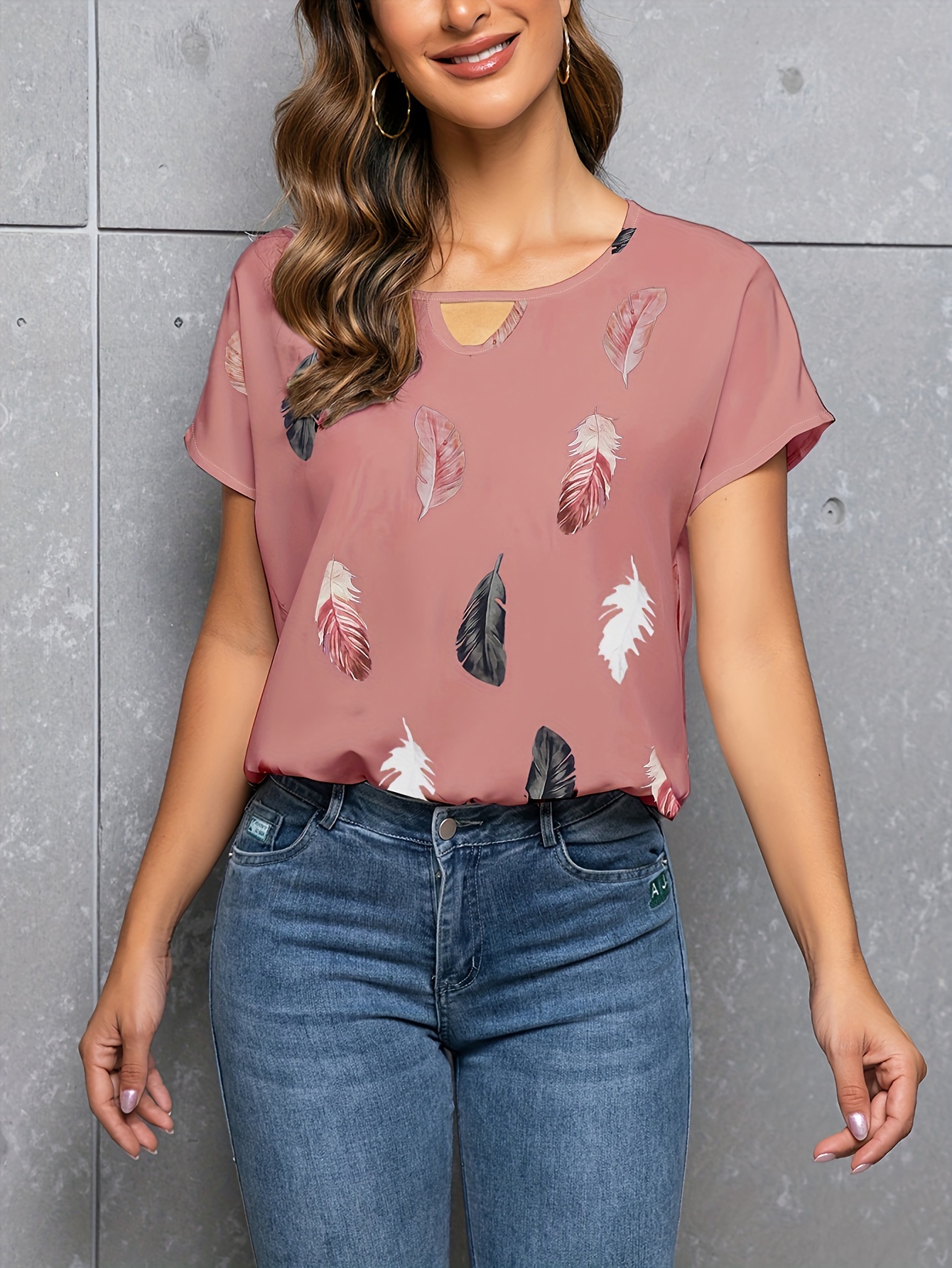 feather print crew neck blouse casual cut out short sleeve blouse for spring summer womens clothing details 8