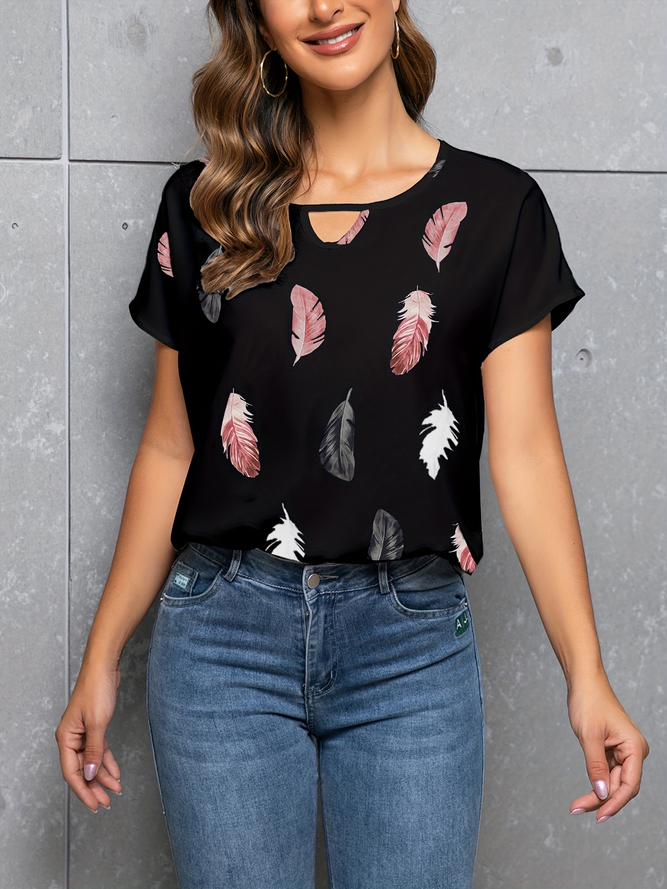 feather print crew neck blouse casual cut out short sleeve blouse for spring summer womens clothing details 10