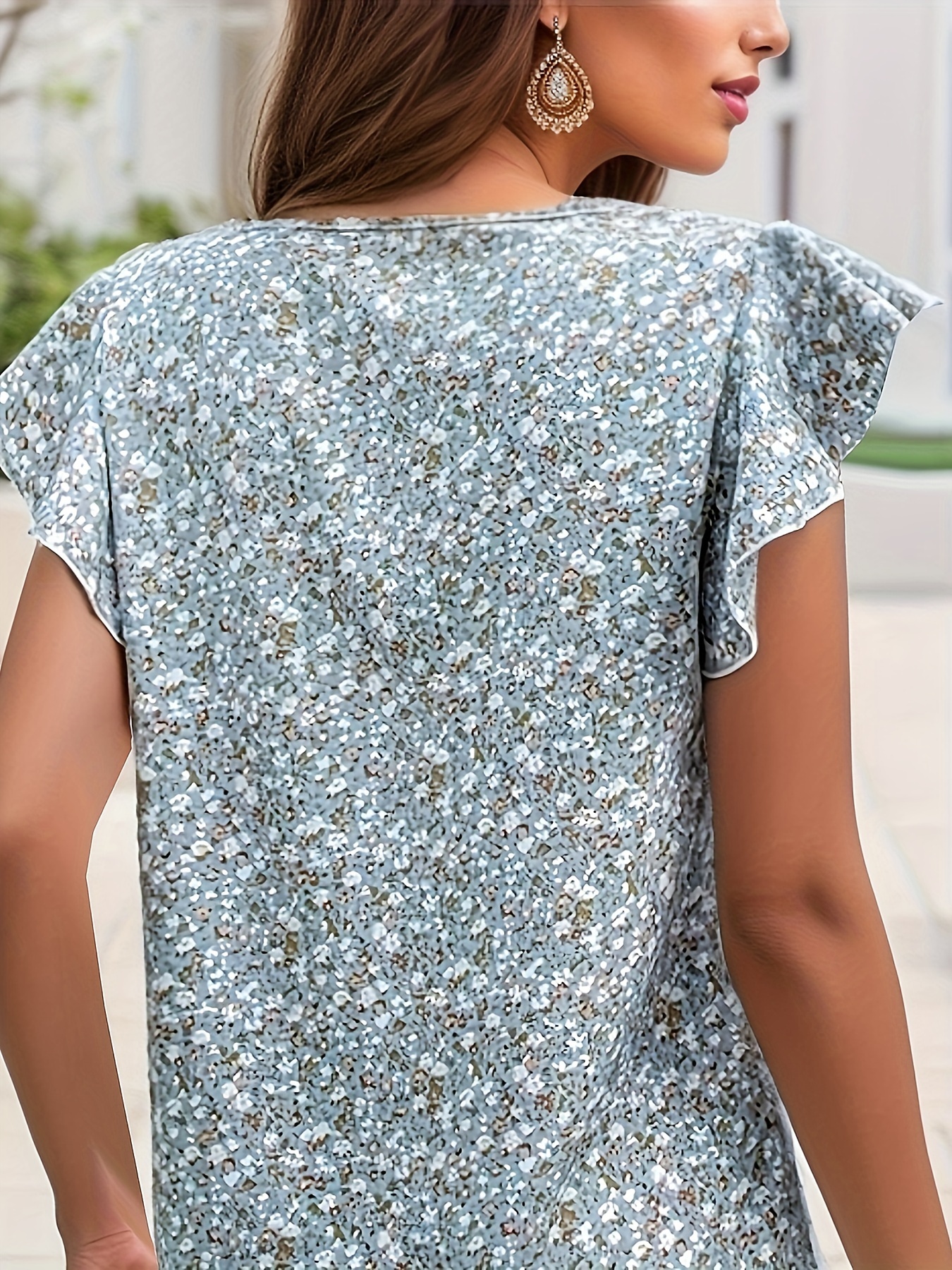 ditsy floral print blouse elegant round neck summer blouse womens clothing details 4