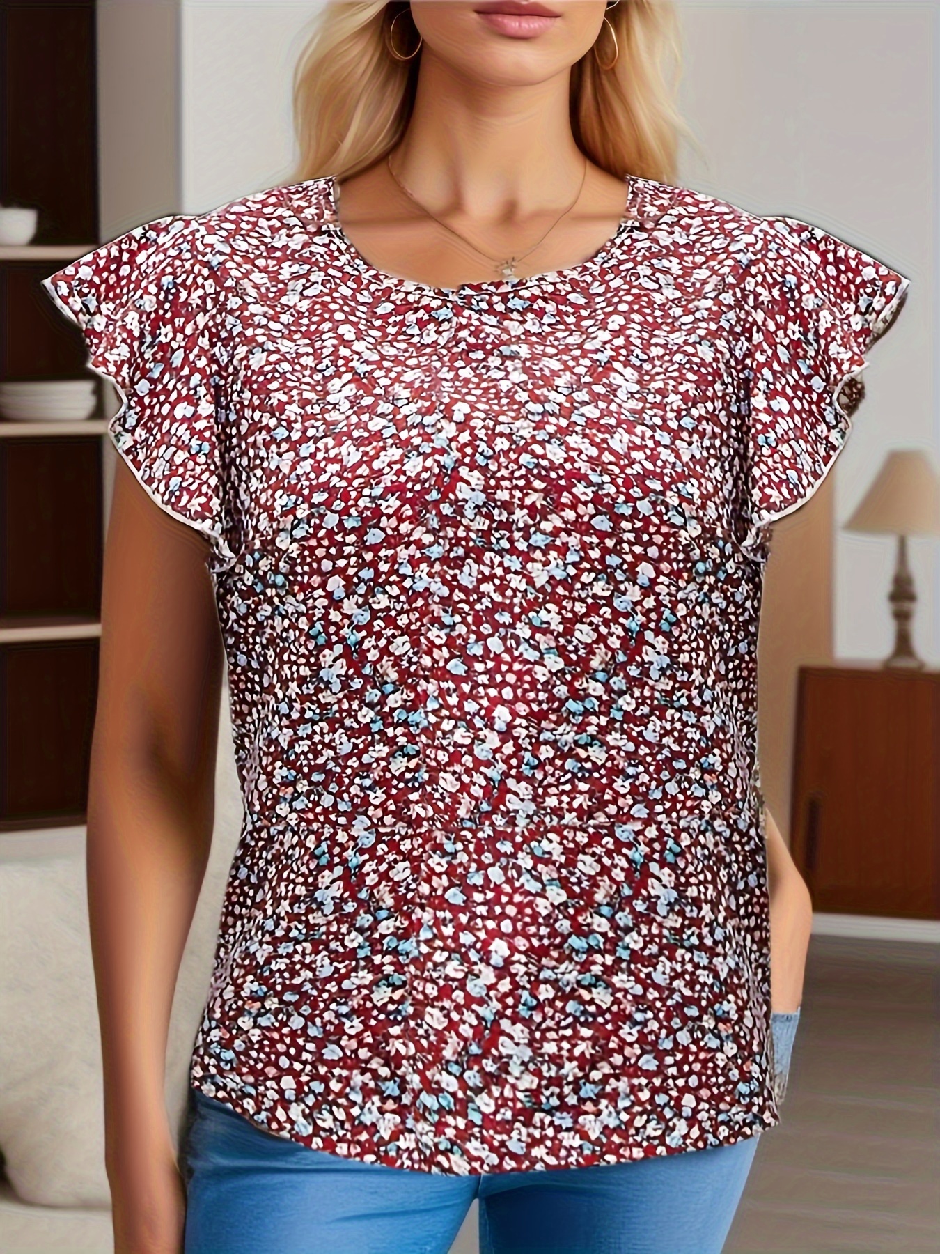 ditsy floral print blouse elegant round neck summer blouse womens clothing details 10