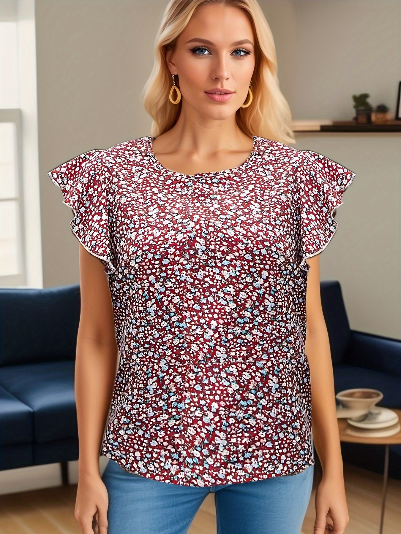 ditsy floral print blouse elegant round neck summer blouse womens clothing details 11