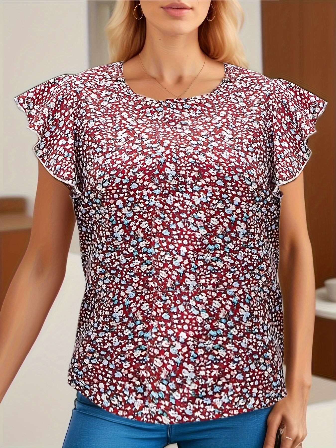 ditsy floral print blouse elegant round neck summer blouse womens clothing details 12