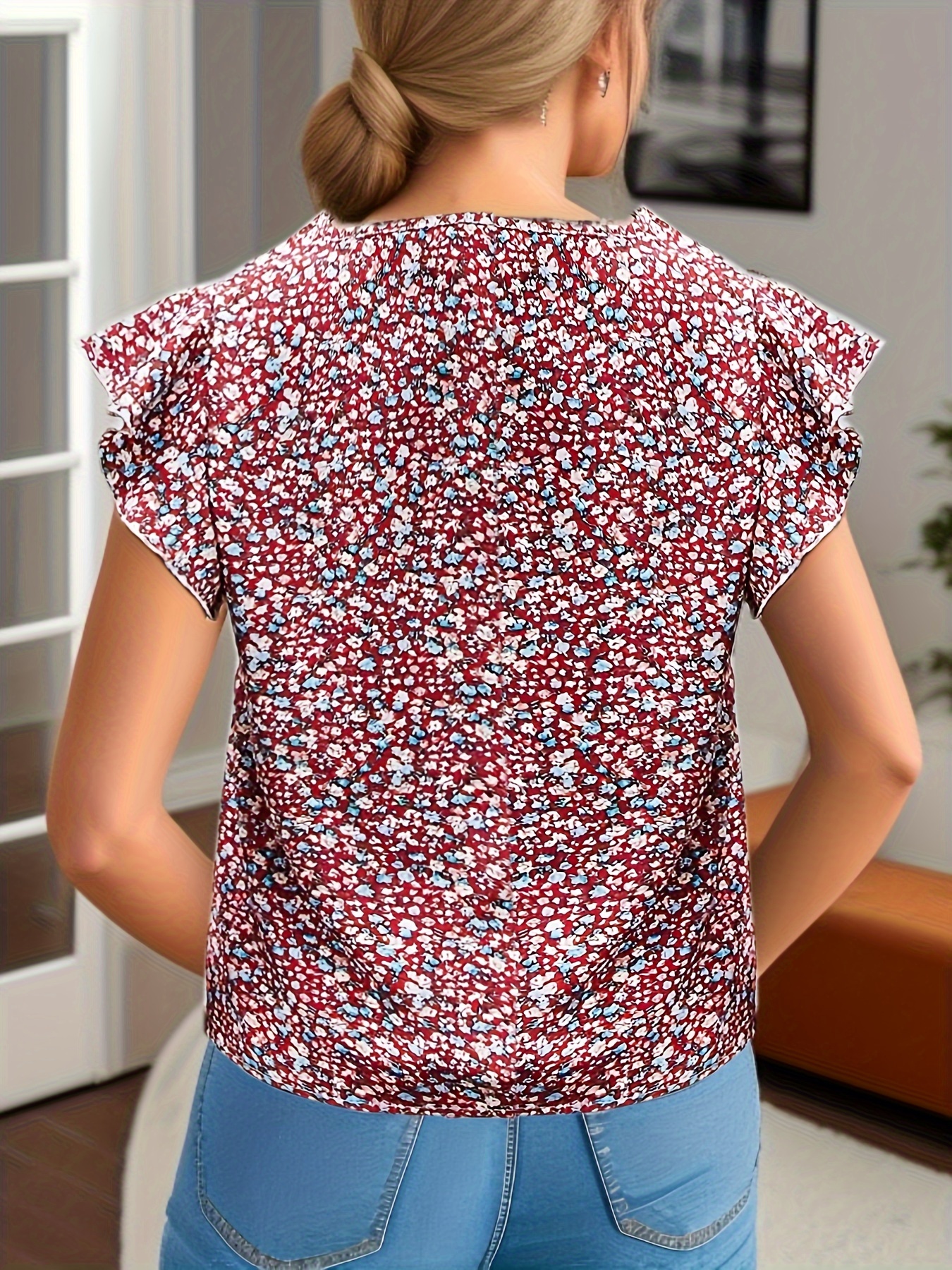 ditsy floral print blouse elegant round neck summer blouse womens clothing details 14