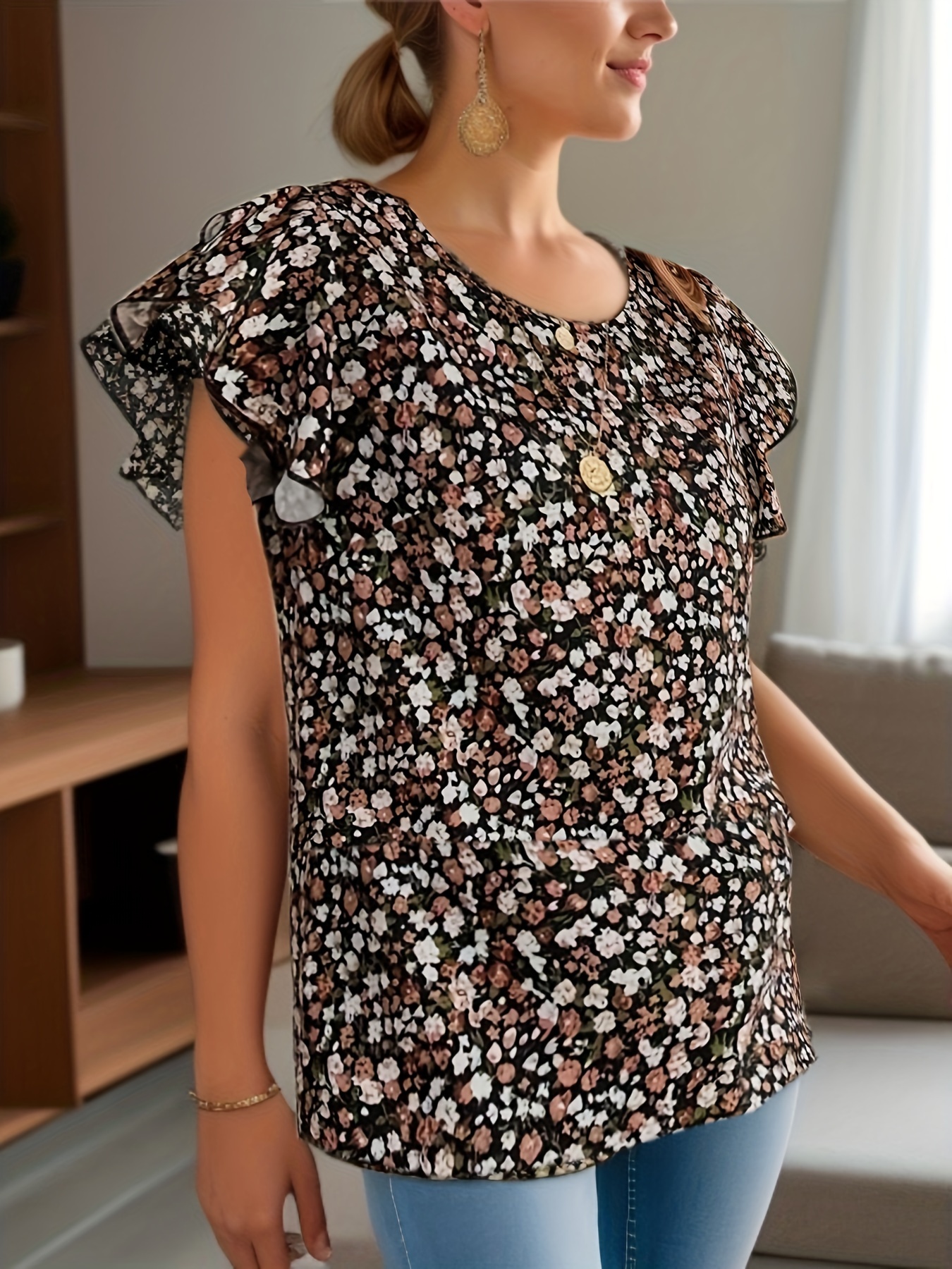 ditsy floral print blouse elegant round neck summer blouse womens clothing details 28