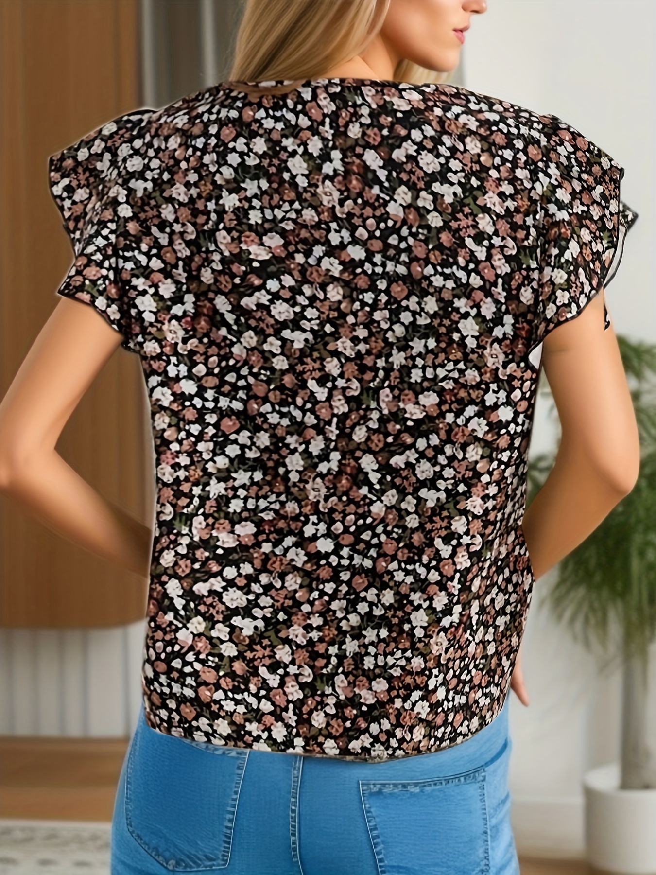 ditsy floral print blouse elegant round neck summer blouse womens clothing details 29