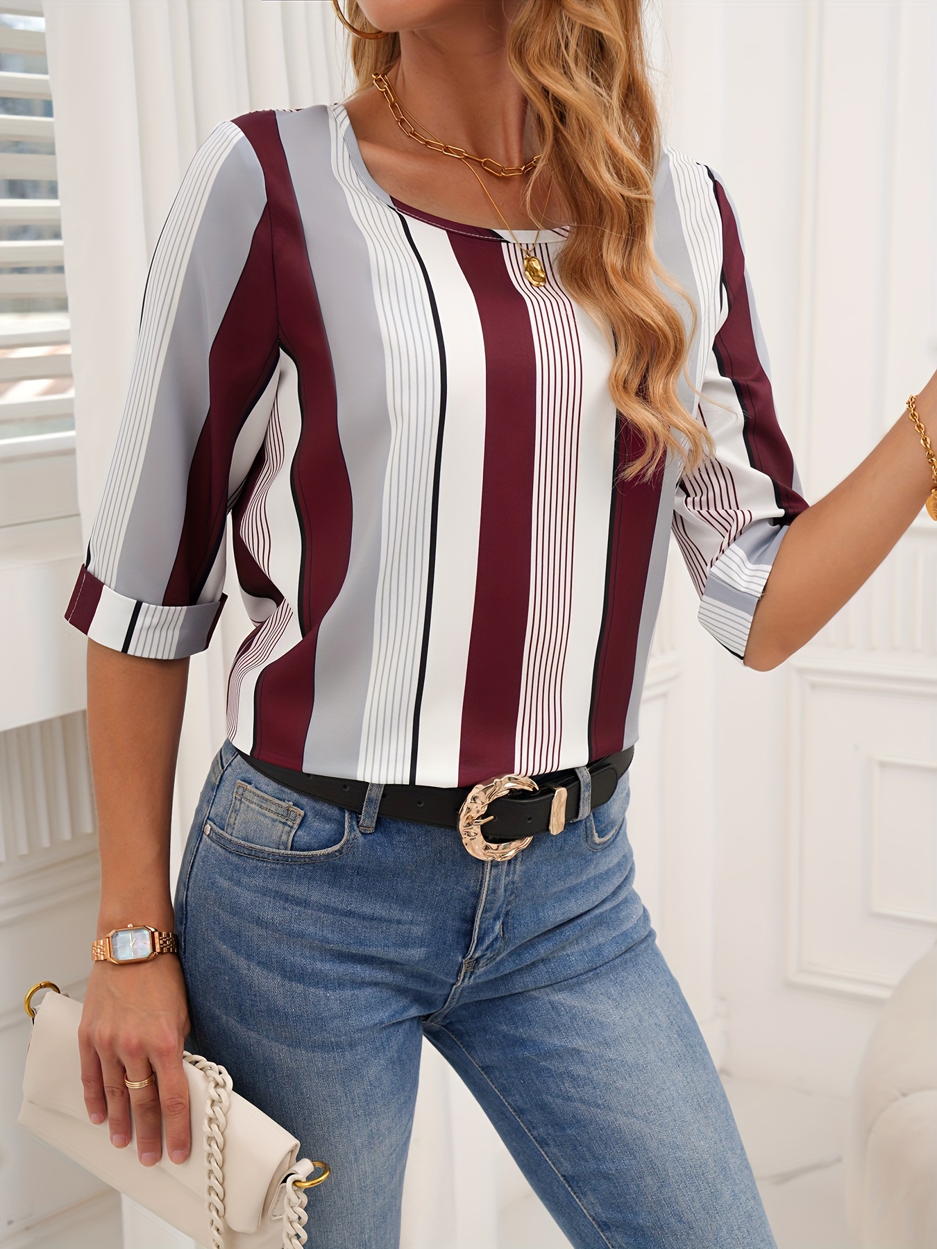 color block striped blouse casual crew neck half sleeve blouse womens clothing details 18