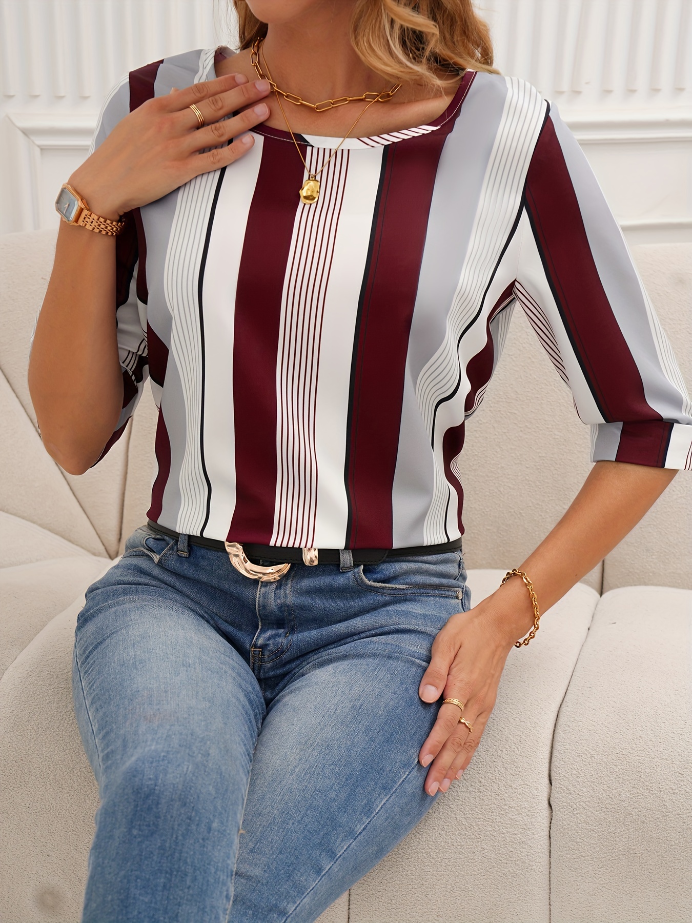 color block striped blouse casual crew neck half sleeve blouse womens clothing details 19