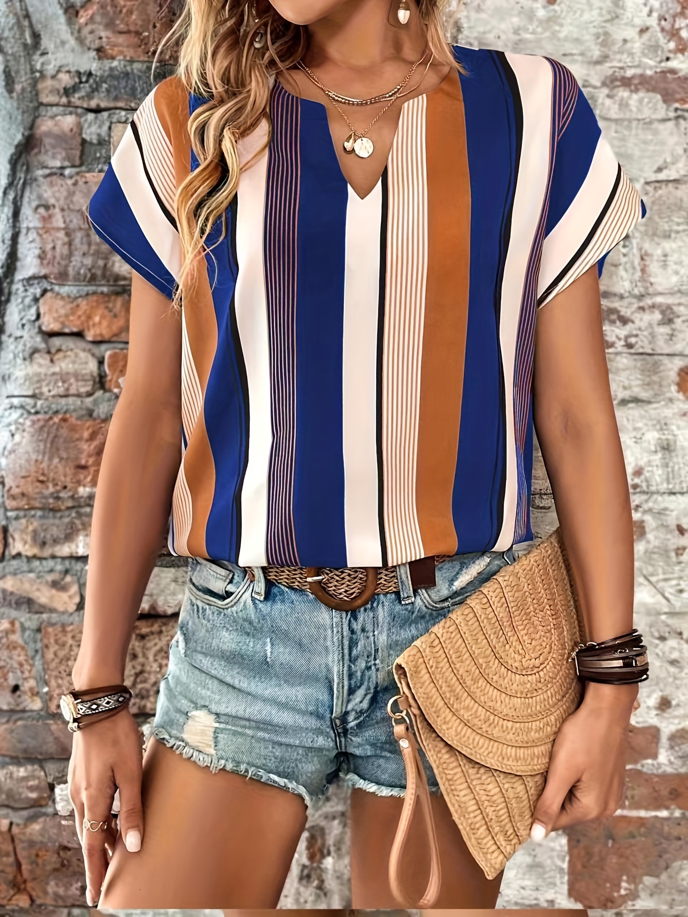 striped print short sleeve shirt casual split crew neck summer shirt womens clothing details 4