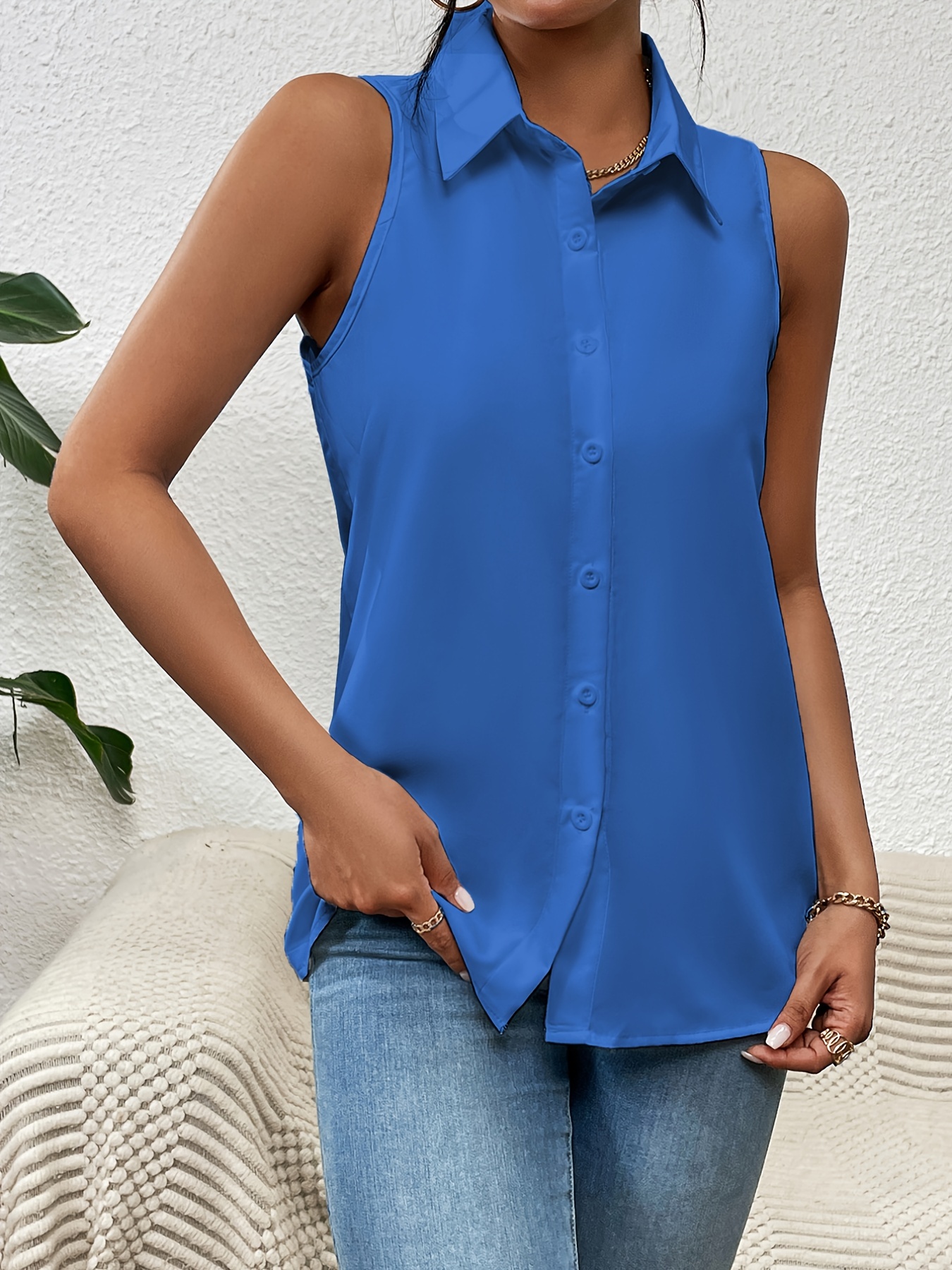 button front sleeveless shirt casual solid work office shirt with a collar womens clothing details 2