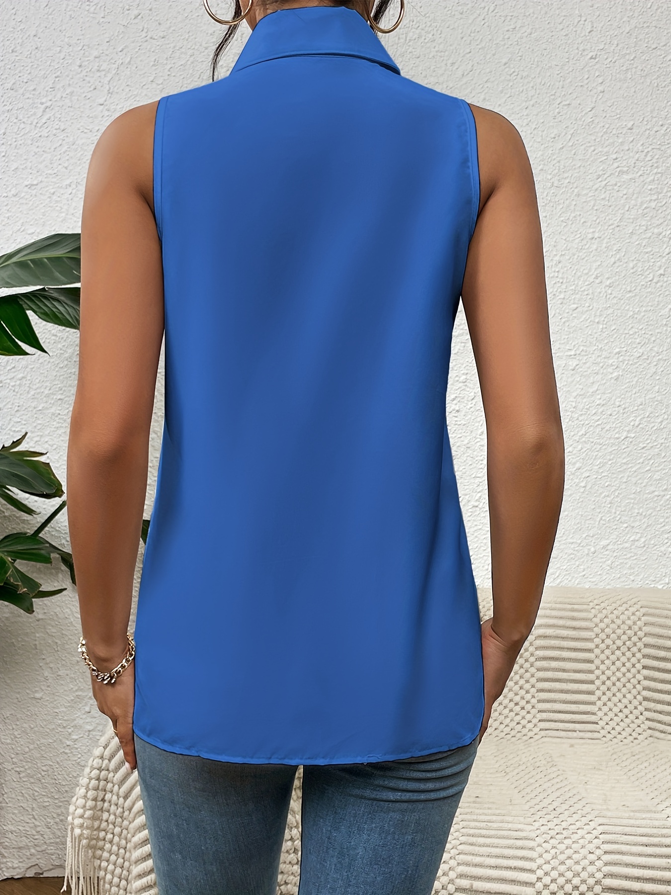 button front sleeveless shirt casual solid work office shirt with a collar womens clothing details 3