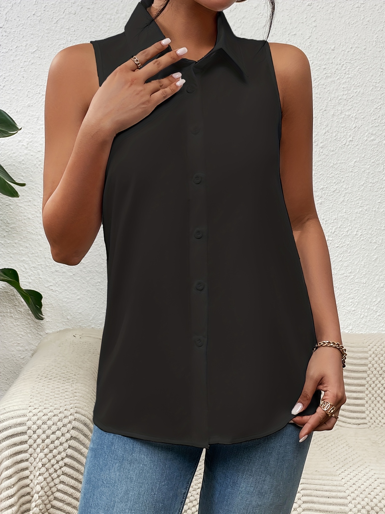 button front sleeveless shirt casual solid work office shirt with a collar womens clothing details 8