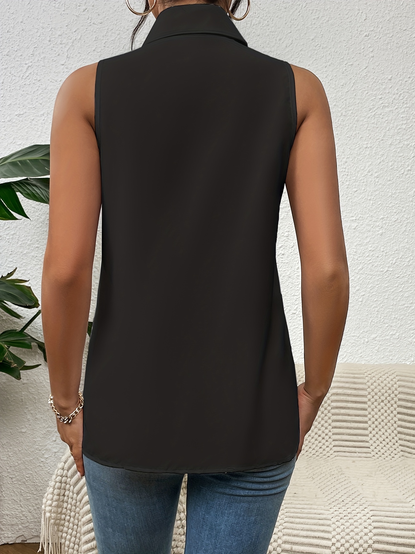 button front sleeveless shirt casual solid work office shirt with a collar womens clothing details 9