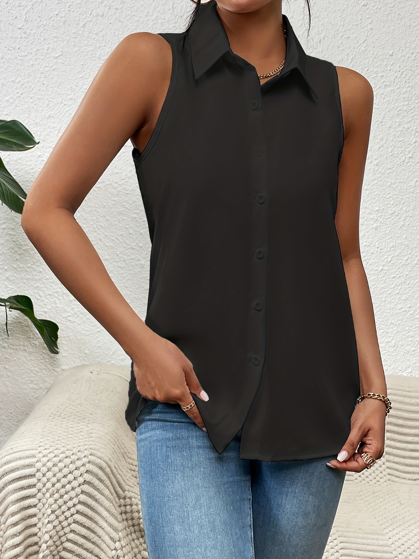 button front sleeveless shirt casual solid work office shirt with a collar womens clothing details 11