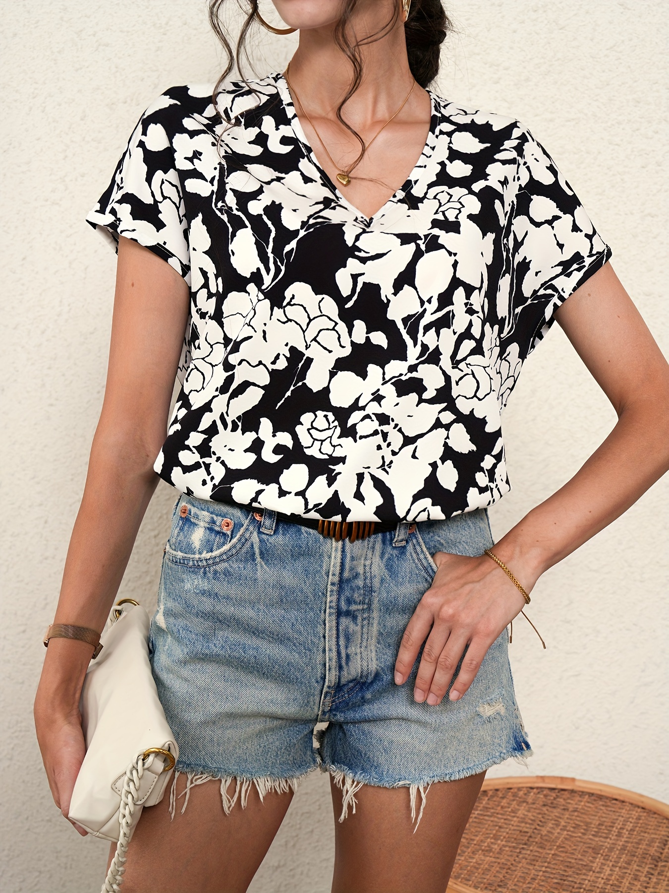 casual floral print v neck blouse short sleeve blouse for spring summer womens clothing details 5