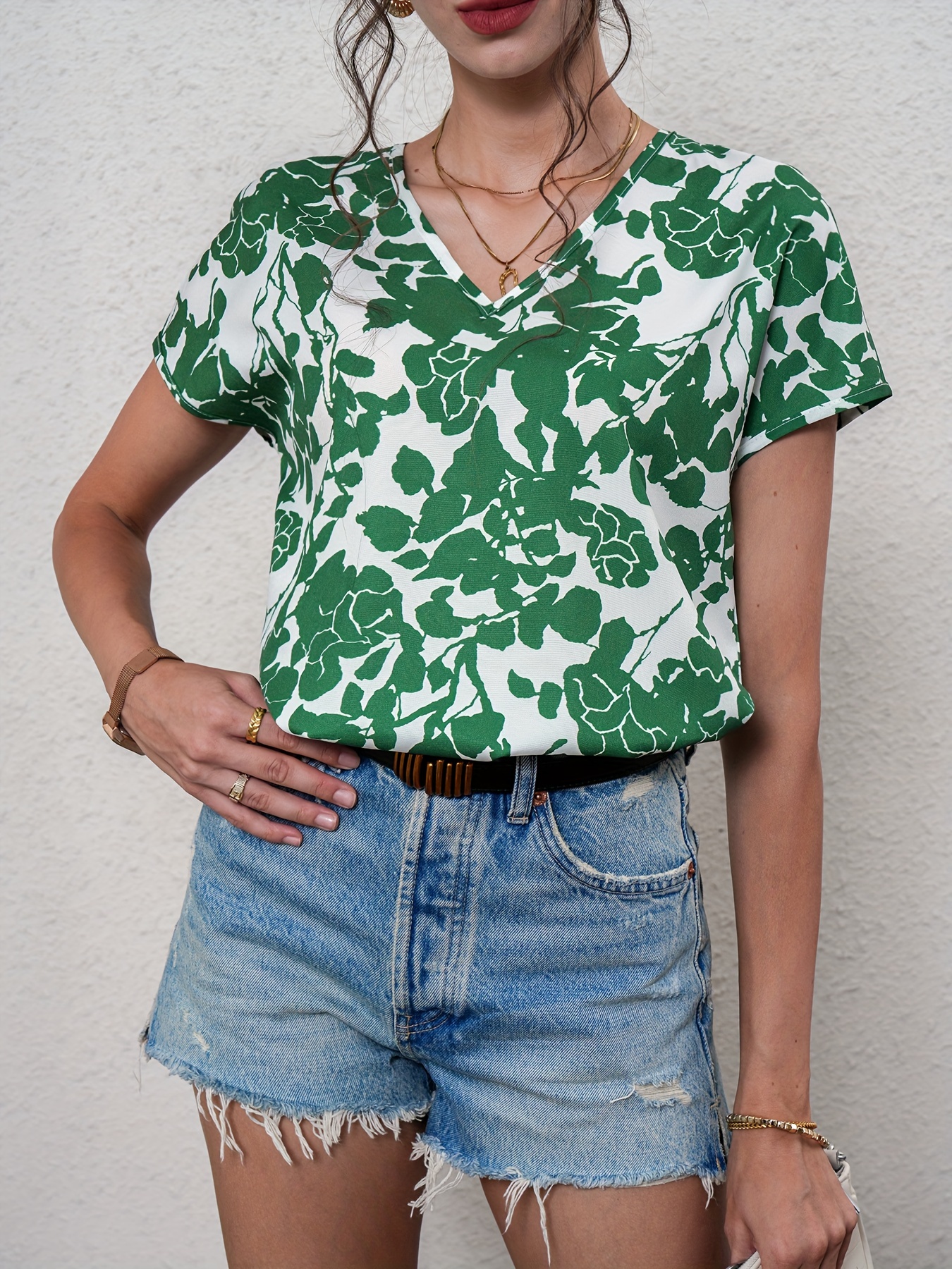 casual floral print v neck blouse short sleeve blouse for spring summer womens clothing details 10