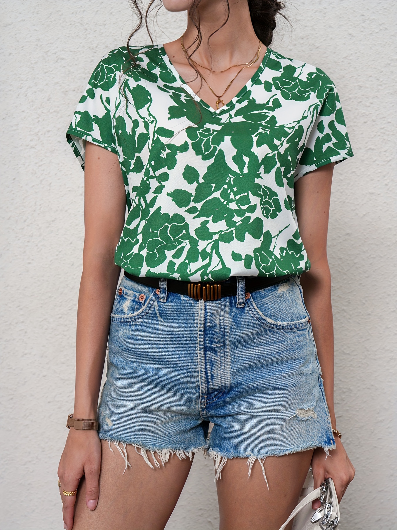 casual floral print v neck blouse short sleeve blouse for spring summer womens clothing details 12