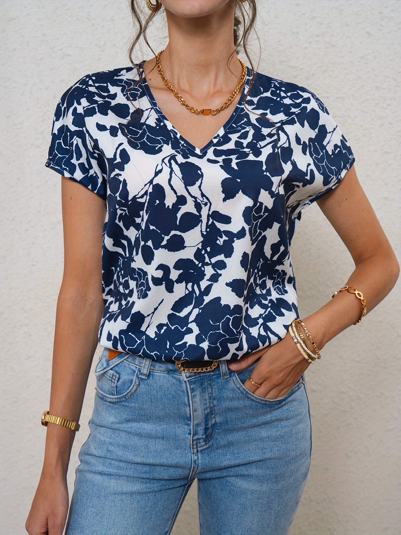 casual floral print v neck blouse short sleeve blouse for spring summer womens clothing details 21