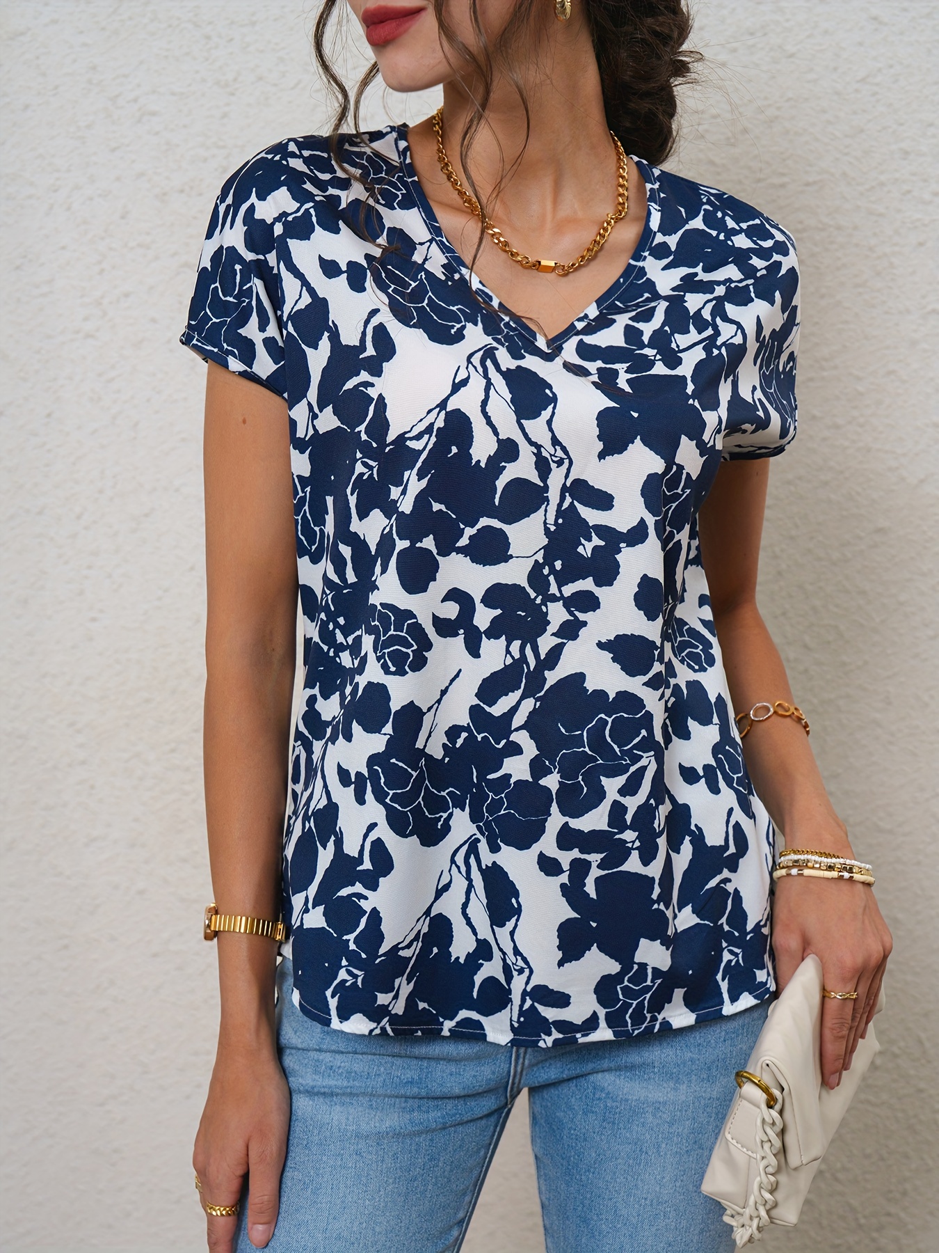 casual floral print v neck blouse short sleeve blouse for spring summer womens clothing details 23