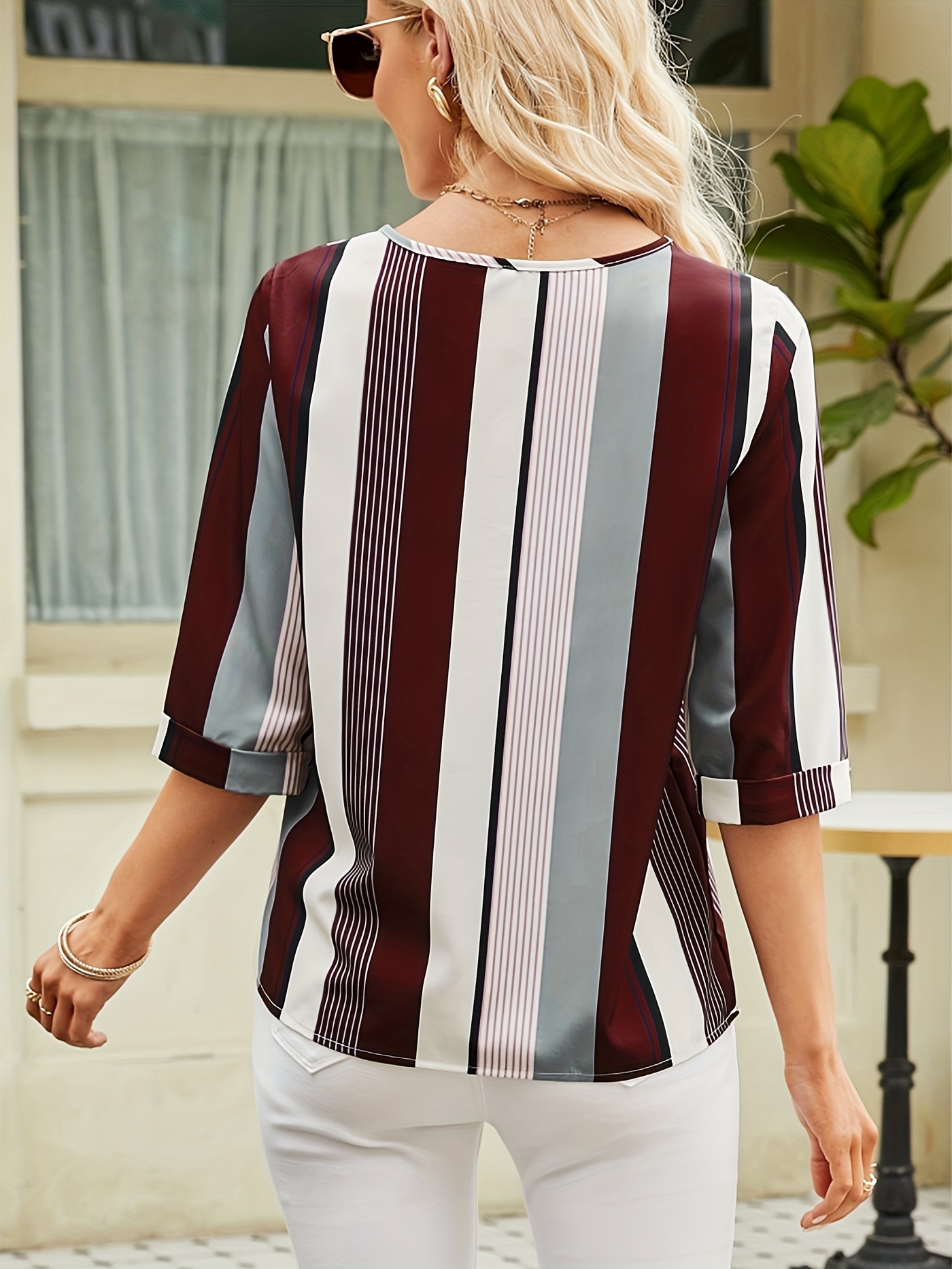 striped color block blouse crew neck 3 4 sleeve casual random printing blouse womens clothing details 1