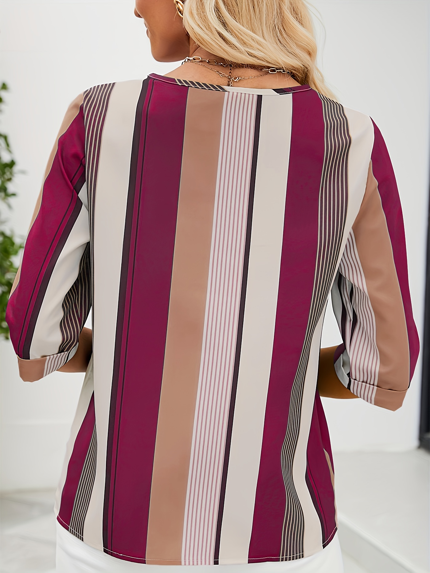 striped color block blouse crew neck 3 4 sleeve casual random printing blouse womens clothing details 6