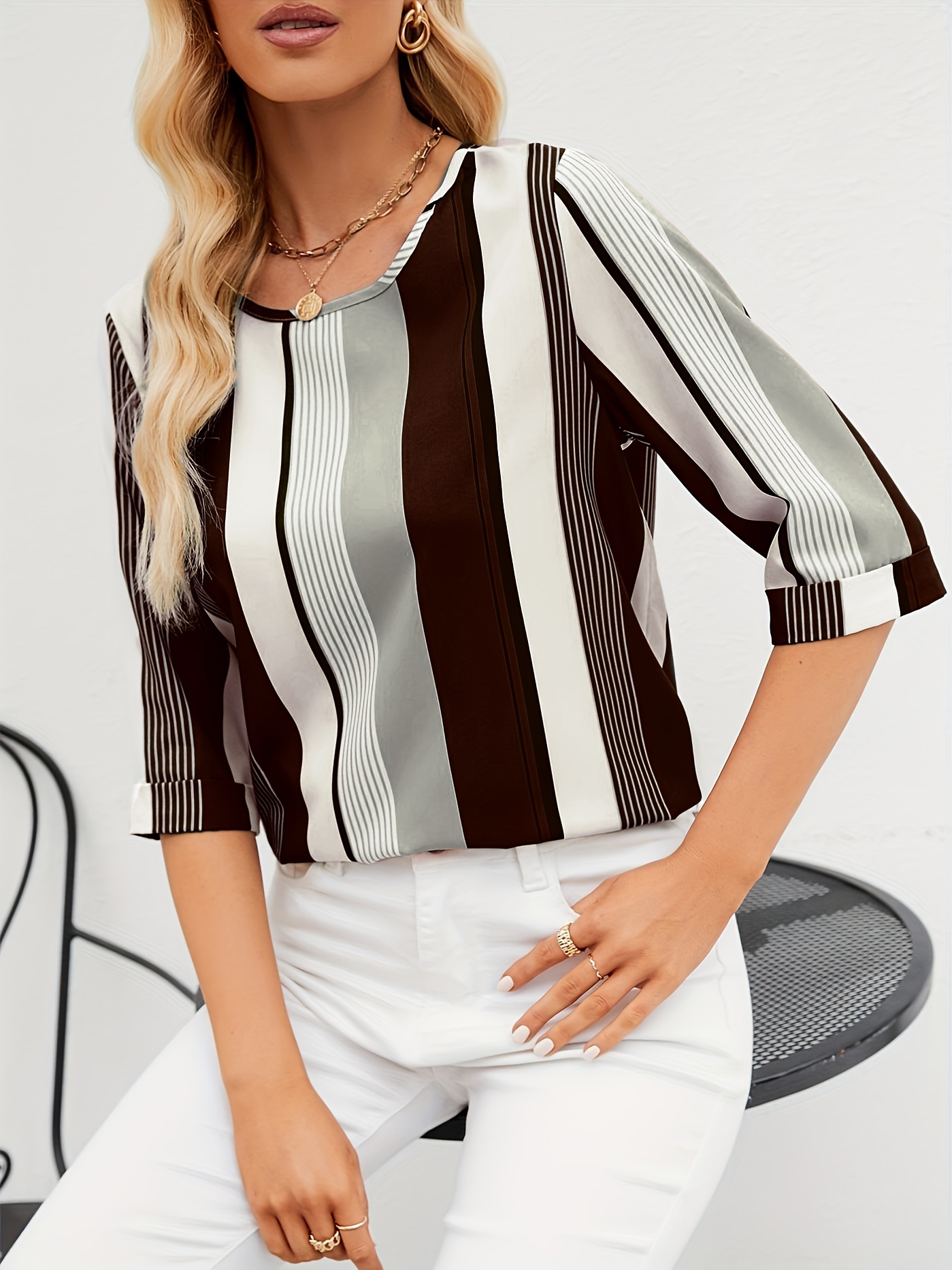 striped color block blouse crew neck 3 4 sleeve casual random printing blouse womens clothing details 14