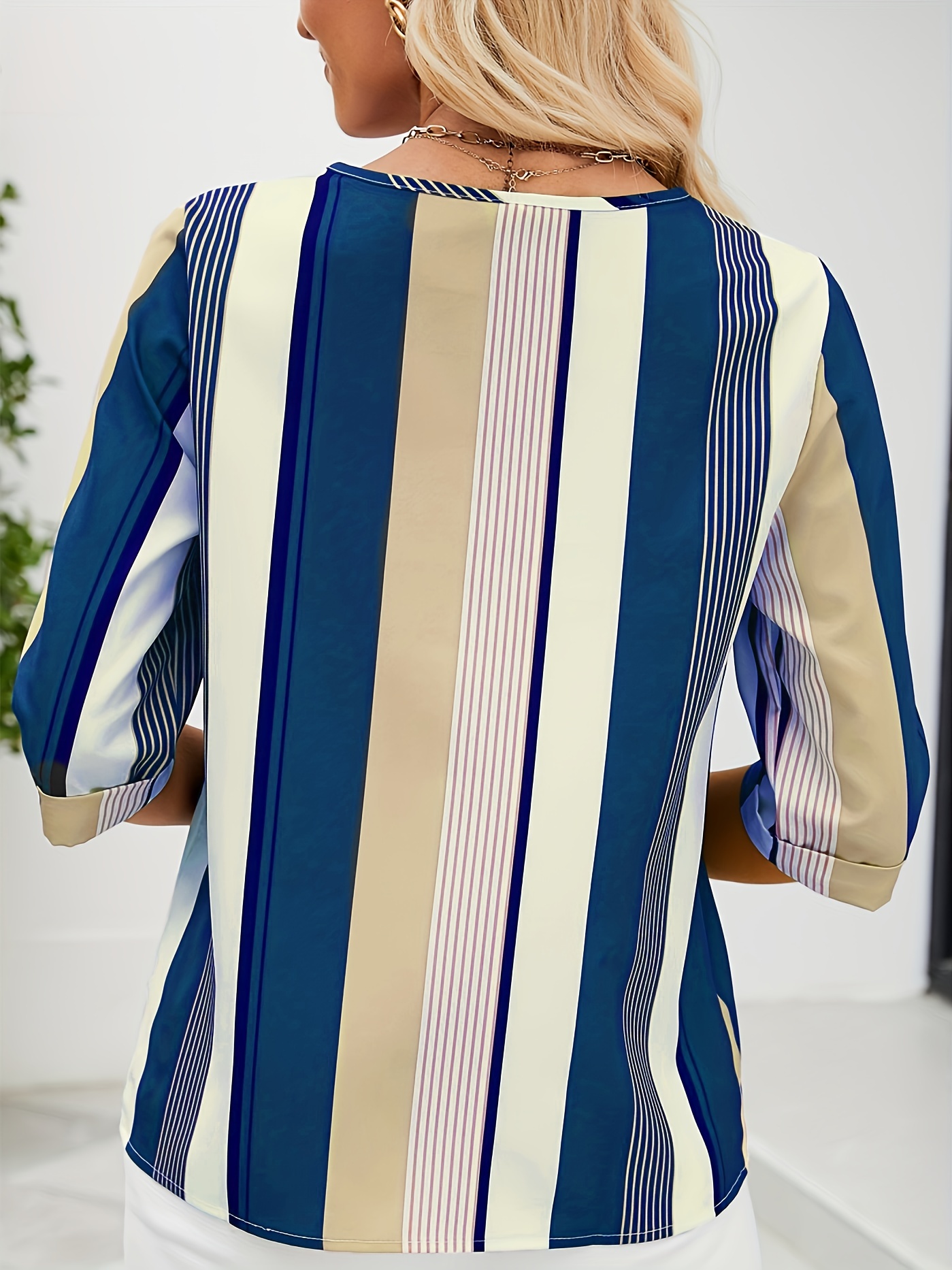 striped color block blouse crew neck 3 4 sleeve casual random printing blouse womens clothing details 16