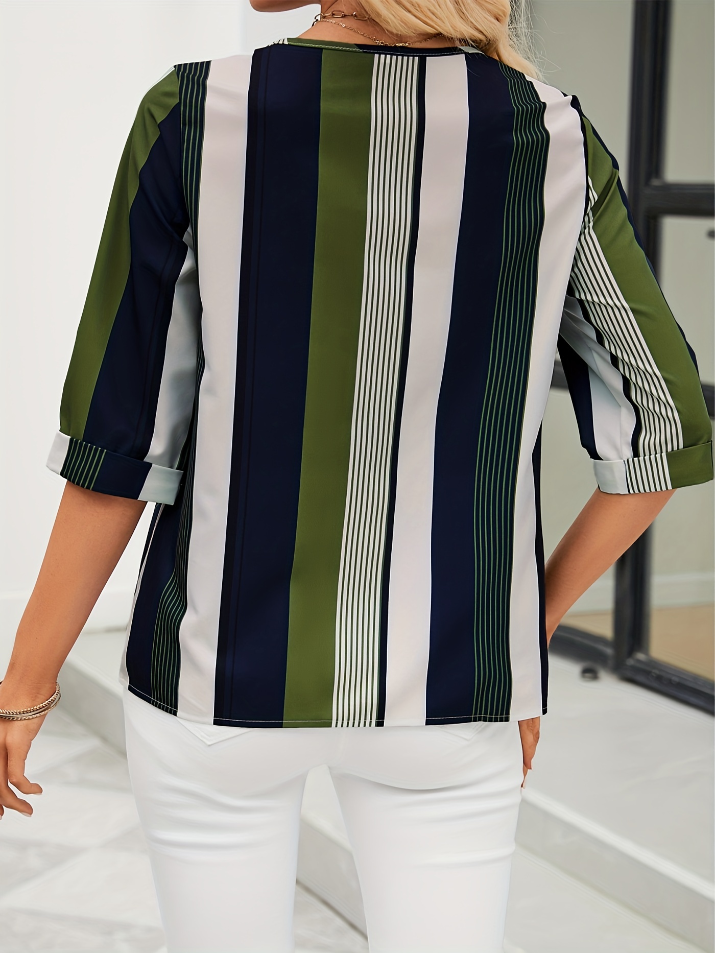 striped color block blouse crew neck 3 4 sleeve casual random printing blouse womens clothing details 21