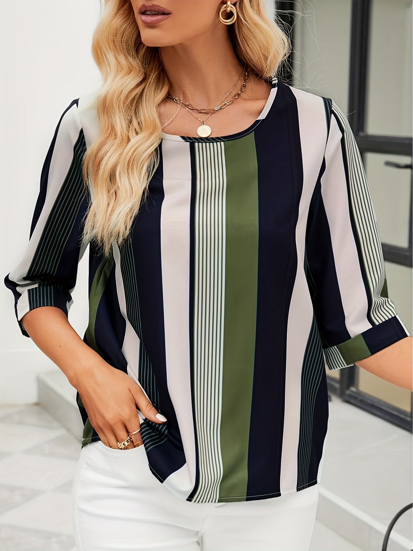 striped color block blouse crew neck 3 4 sleeve casual random printing blouse womens clothing details 22