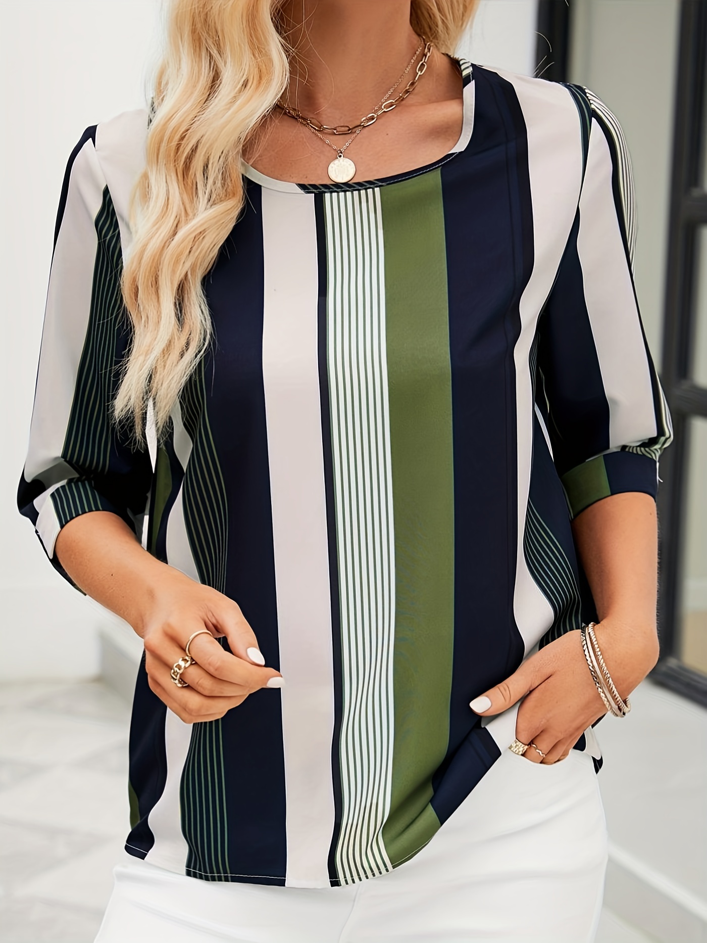 striped color block blouse crew neck 3 4 sleeve casual random printing blouse womens clothing details 23