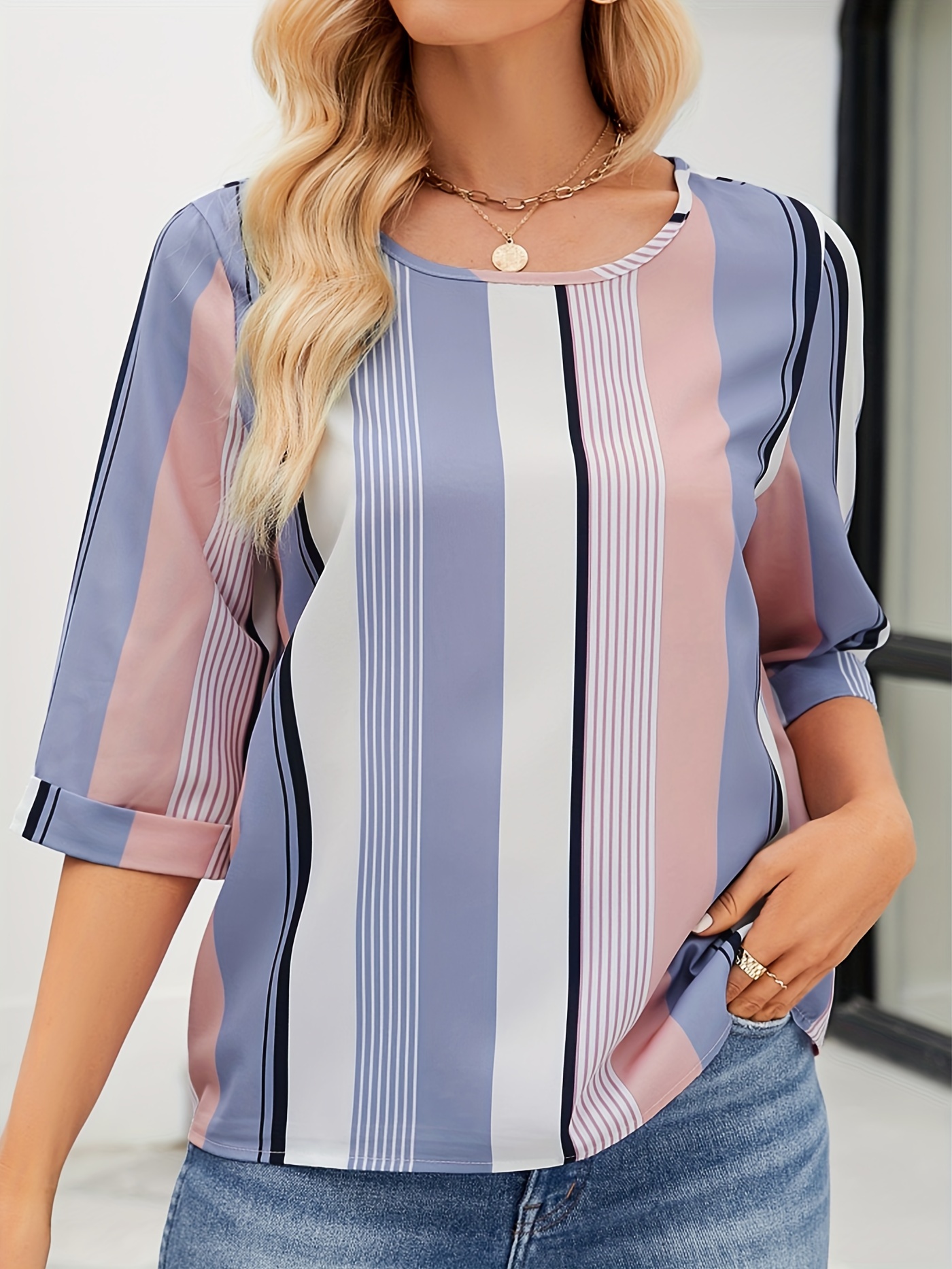 striped color block blouse crew neck 3 4 sleeve casual random printing blouse womens clothing details 27