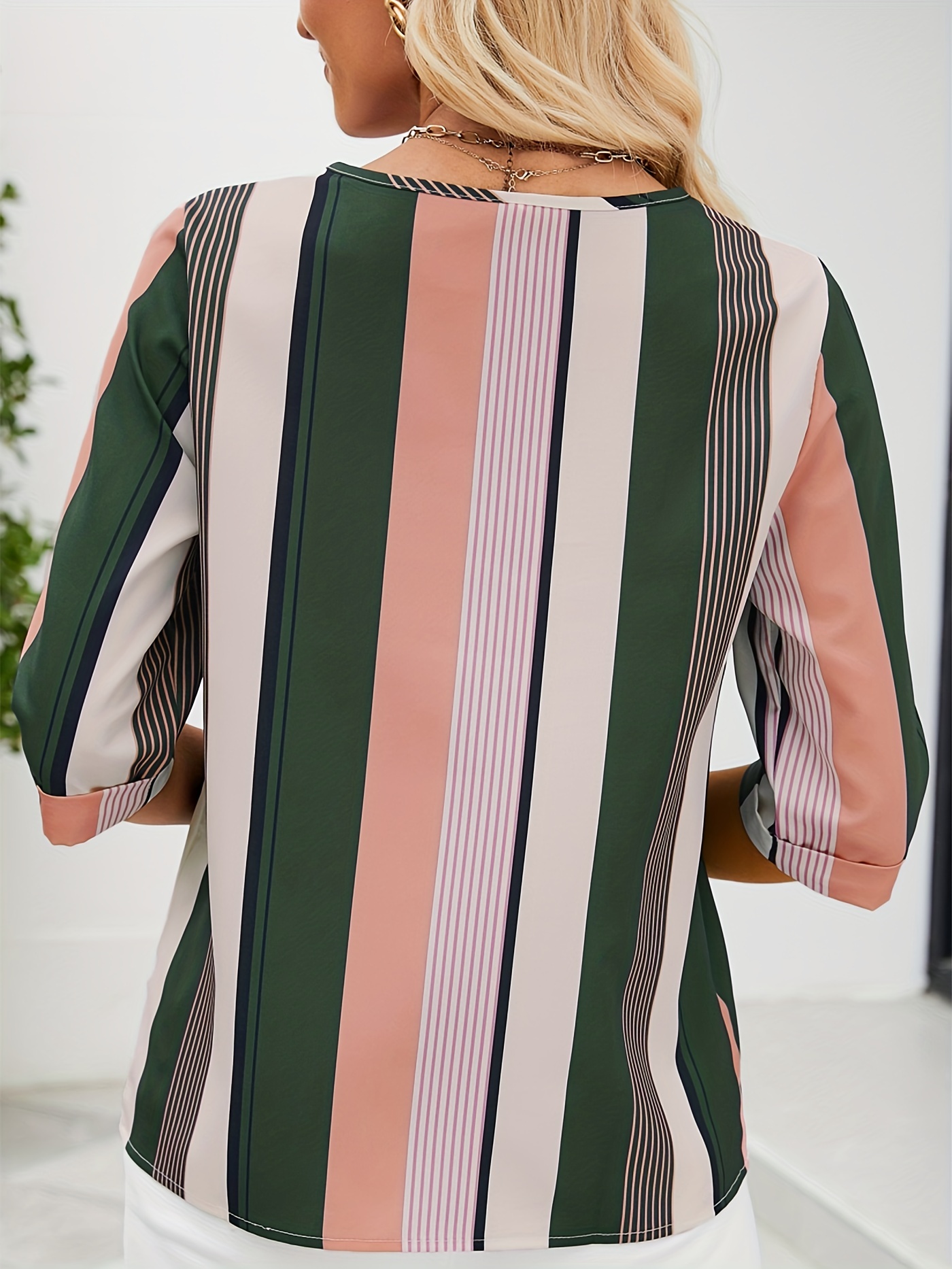 striped color block blouse crew neck 3 4 sleeve casual random printing blouse womens clothing details 31