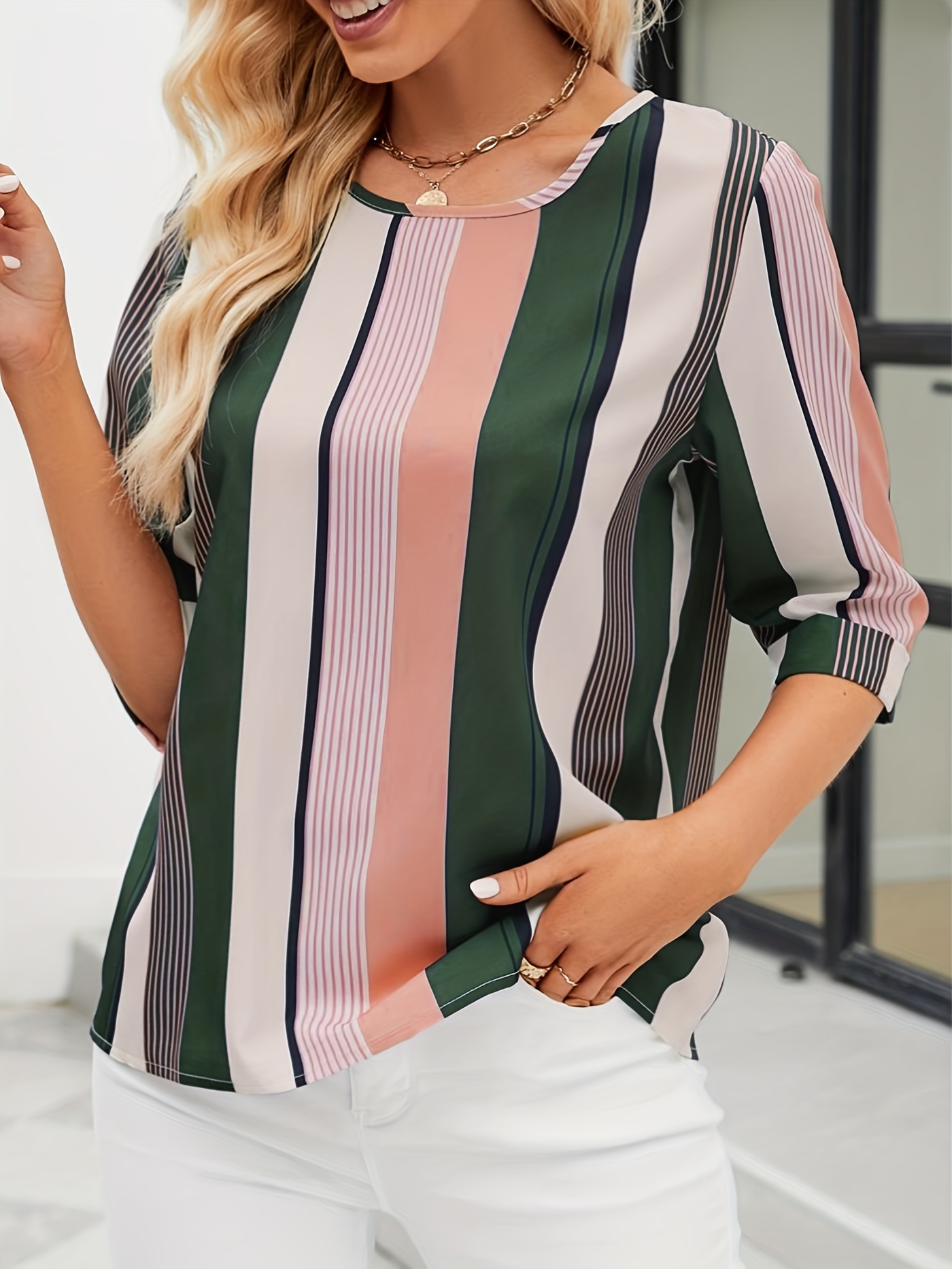 striped color block blouse crew neck 3 4 sleeve casual random printing blouse womens clothing details 32