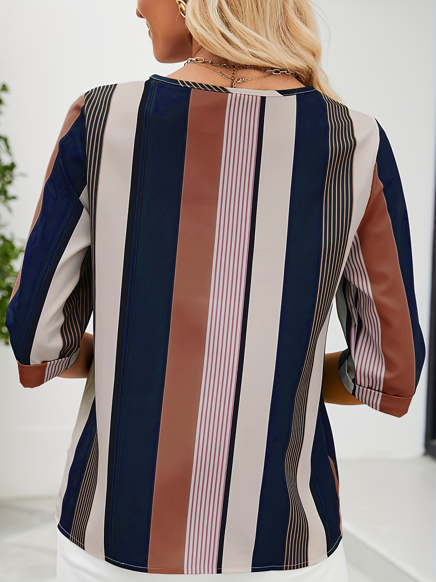 striped color block blouse crew neck 3 4 sleeve casual random printing blouse womens clothing details 36