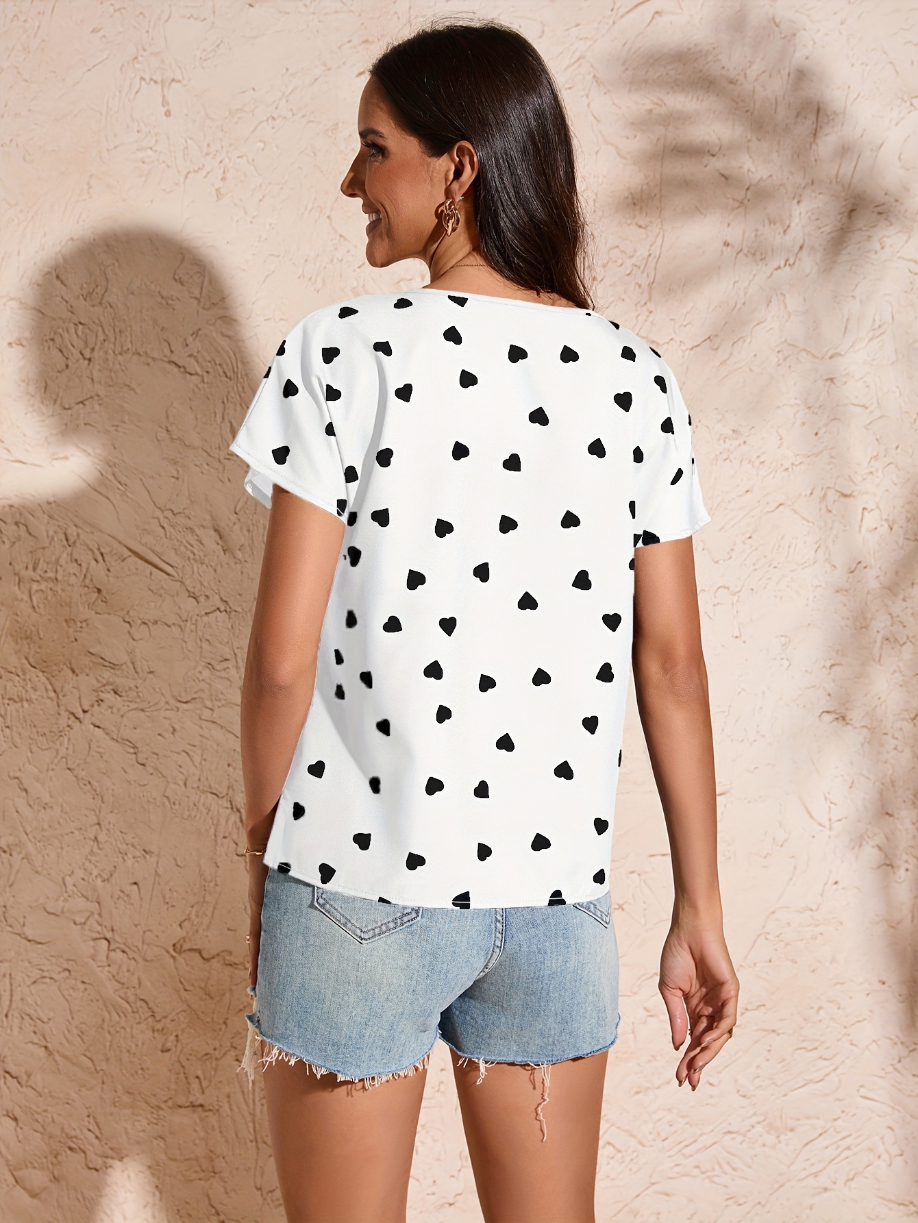 heart print v neck blouse elegant short sleeve top for spring summer womens clothing details 6