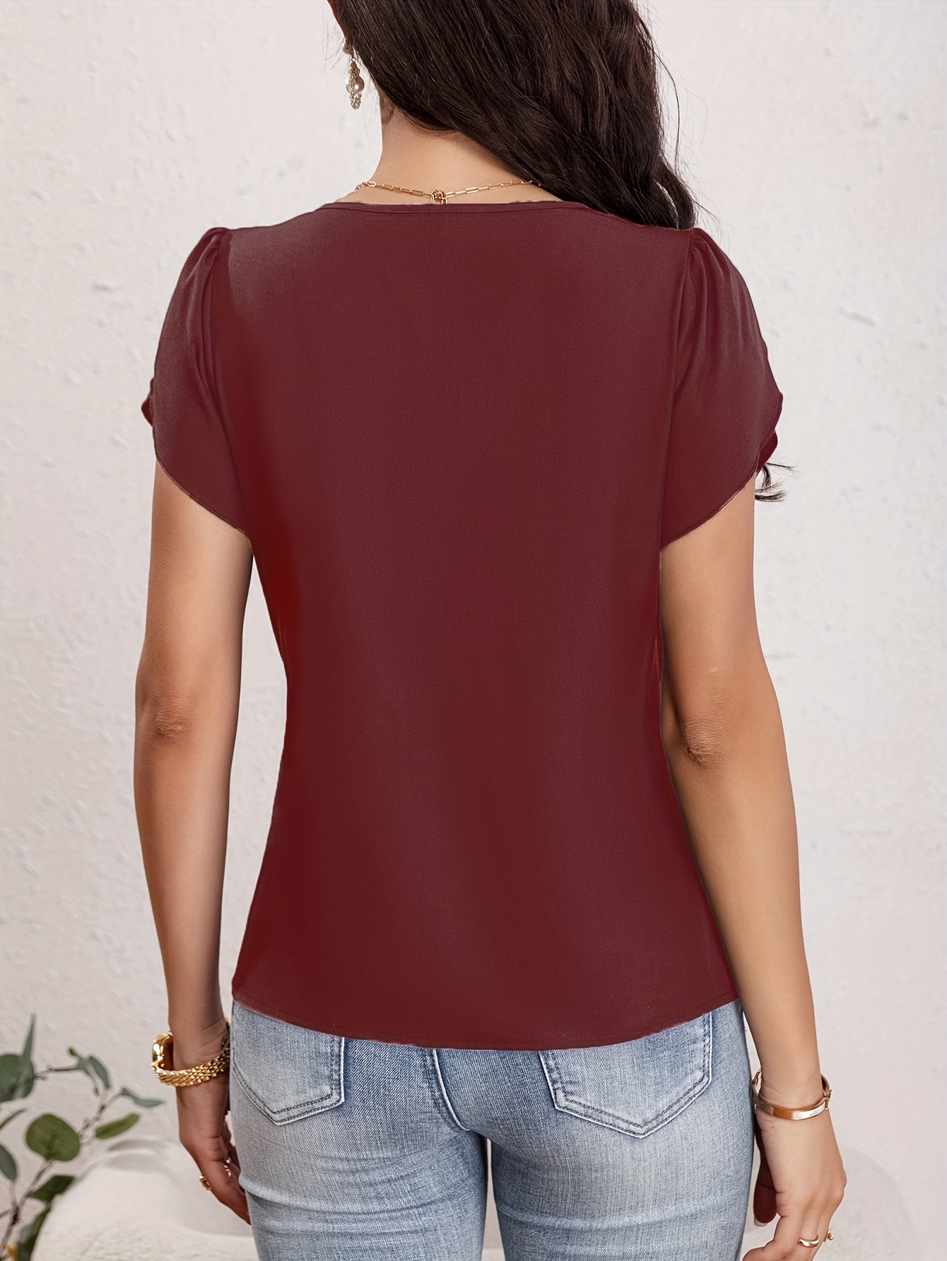 solid crew neck blouse elegant short sleeve ruched blouse for spring summer womens clothing details 1