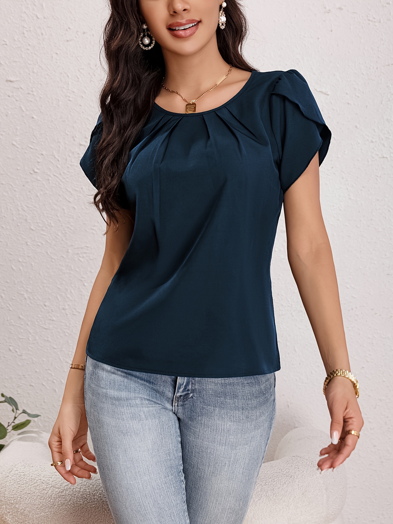 solid crew neck blouse elegant short sleeve ruched blouse for spring summer womens clothing details 6