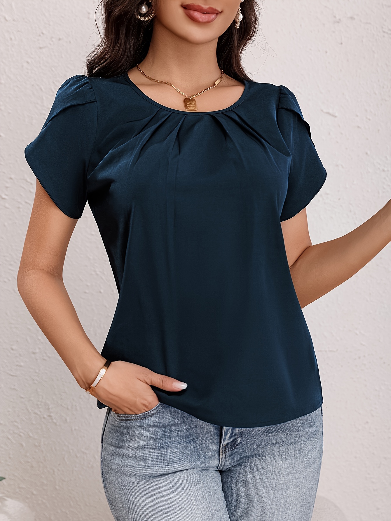 solid crew neck blouse elegant short sleeve ruched blouse for spring summer womens clothing details 8