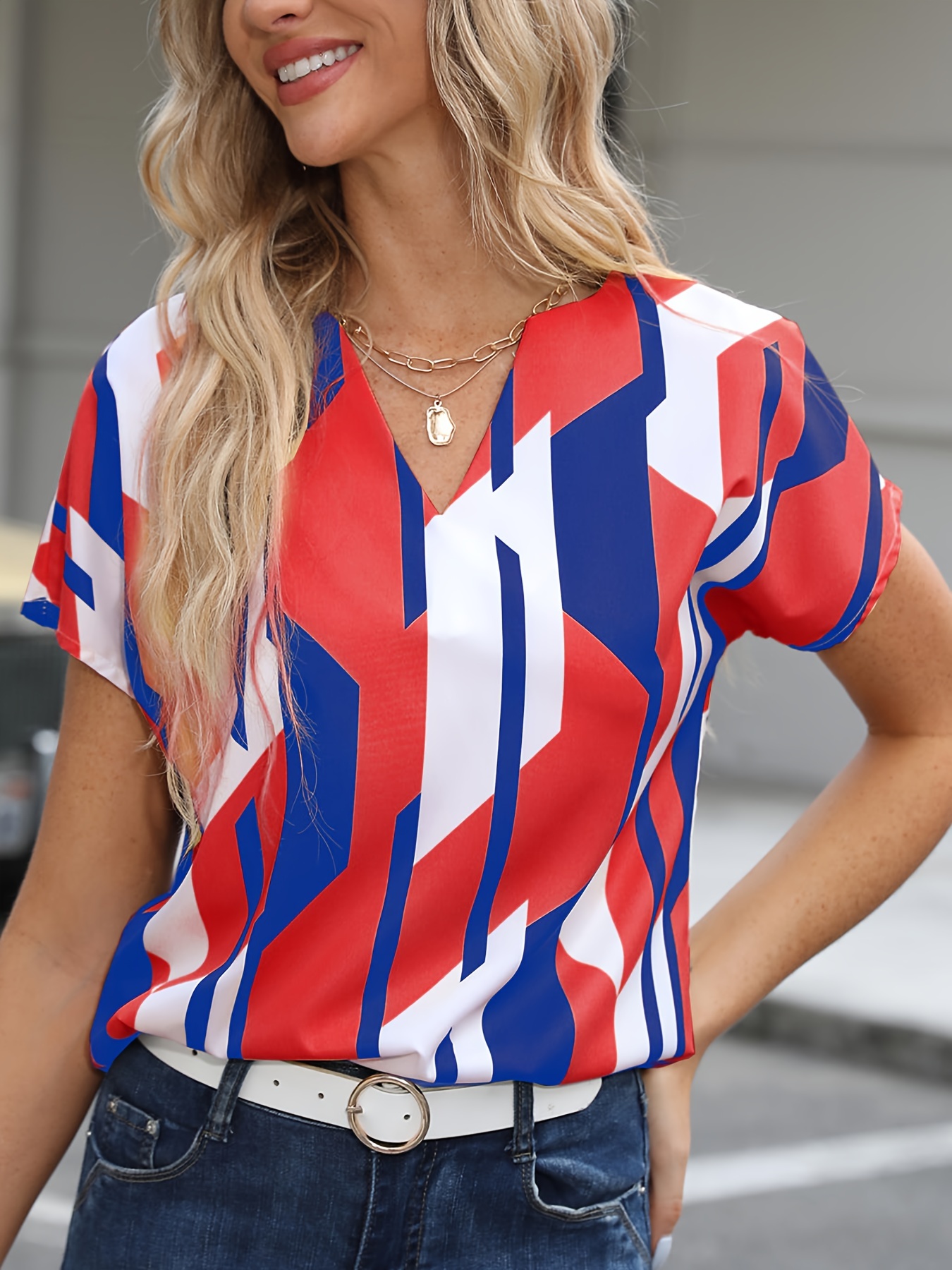 color block graphic print blouse notched neck casual short sleeve blouse womens clothing details 4