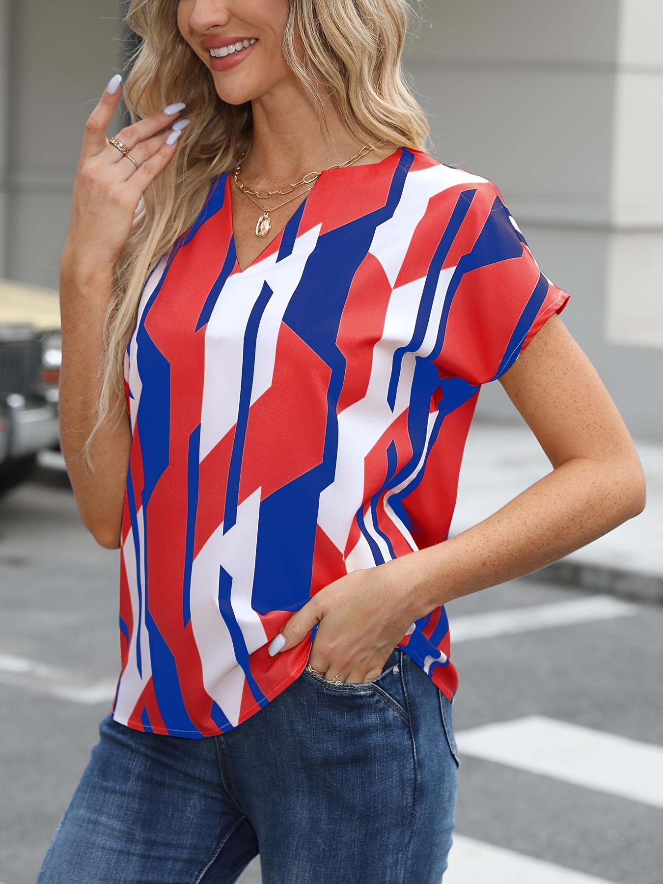 color block graphic print blouse notched neck casual short sleeve blouse womens clothing details 5