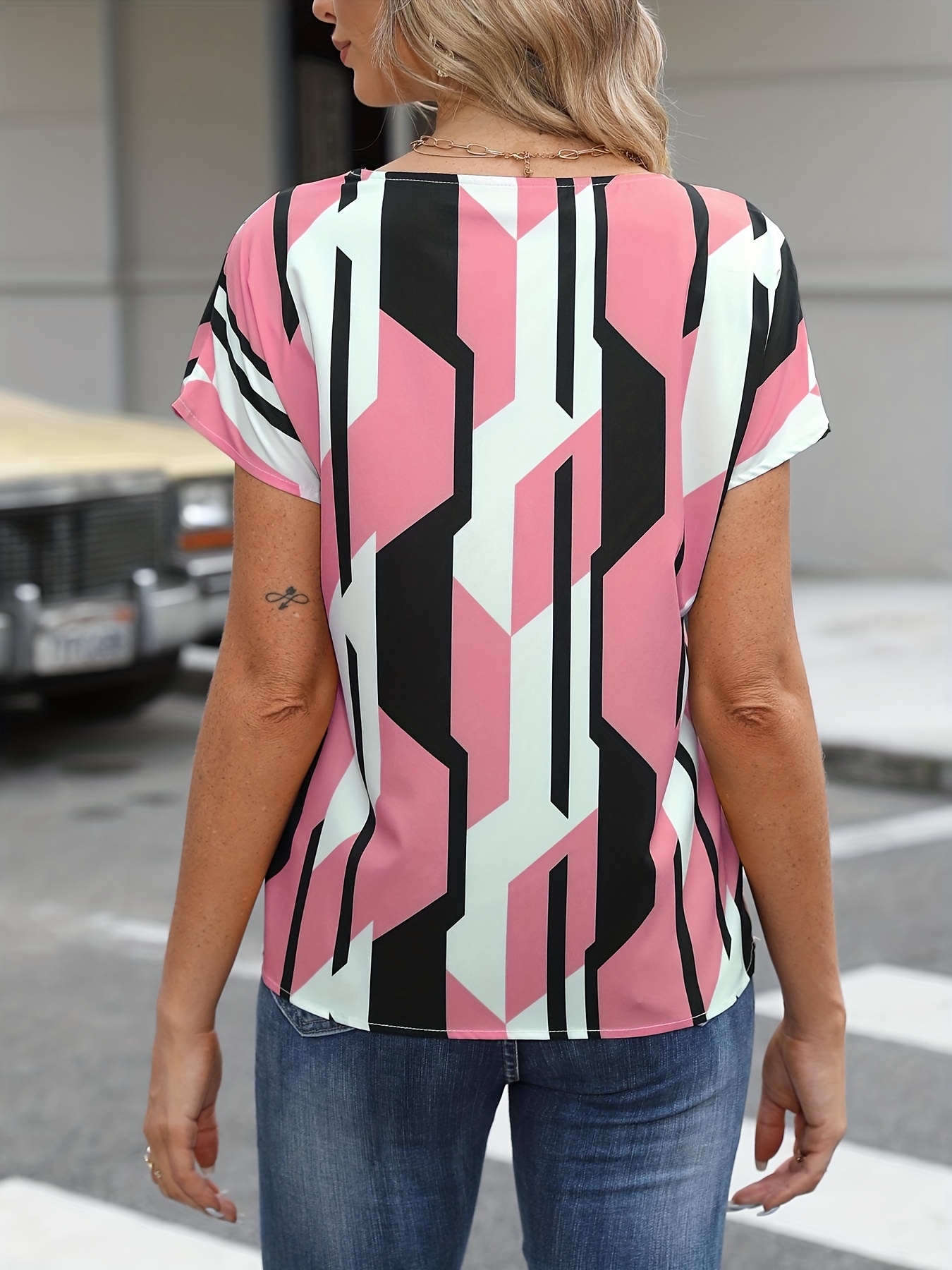 color block graphic print blouse notched neck casual short sleeve blouse womens clothing details 18