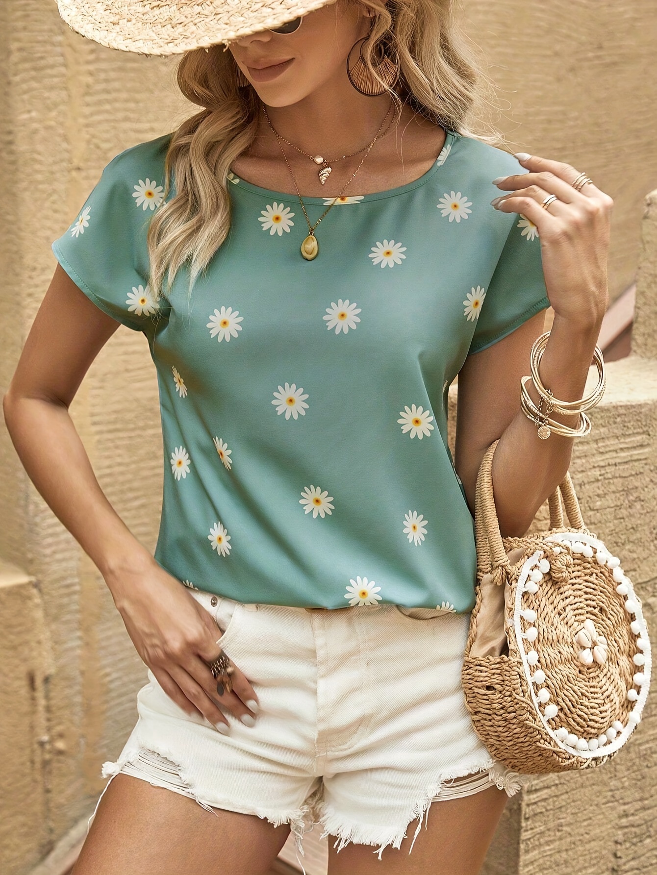 floral print crew neck blouse elegant short sleeve top for spring summer womens clothing details 0