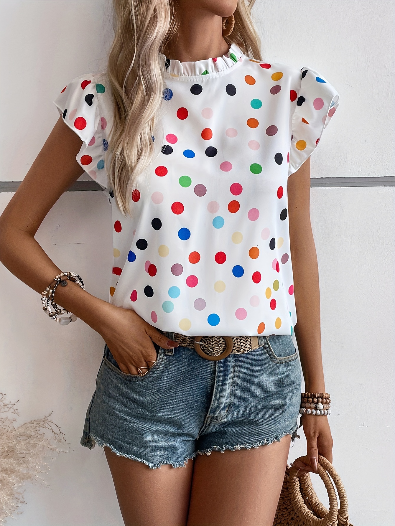 polka dot ruffle trim blouse casual crew neck blouse for spring summer womens clothing details 7