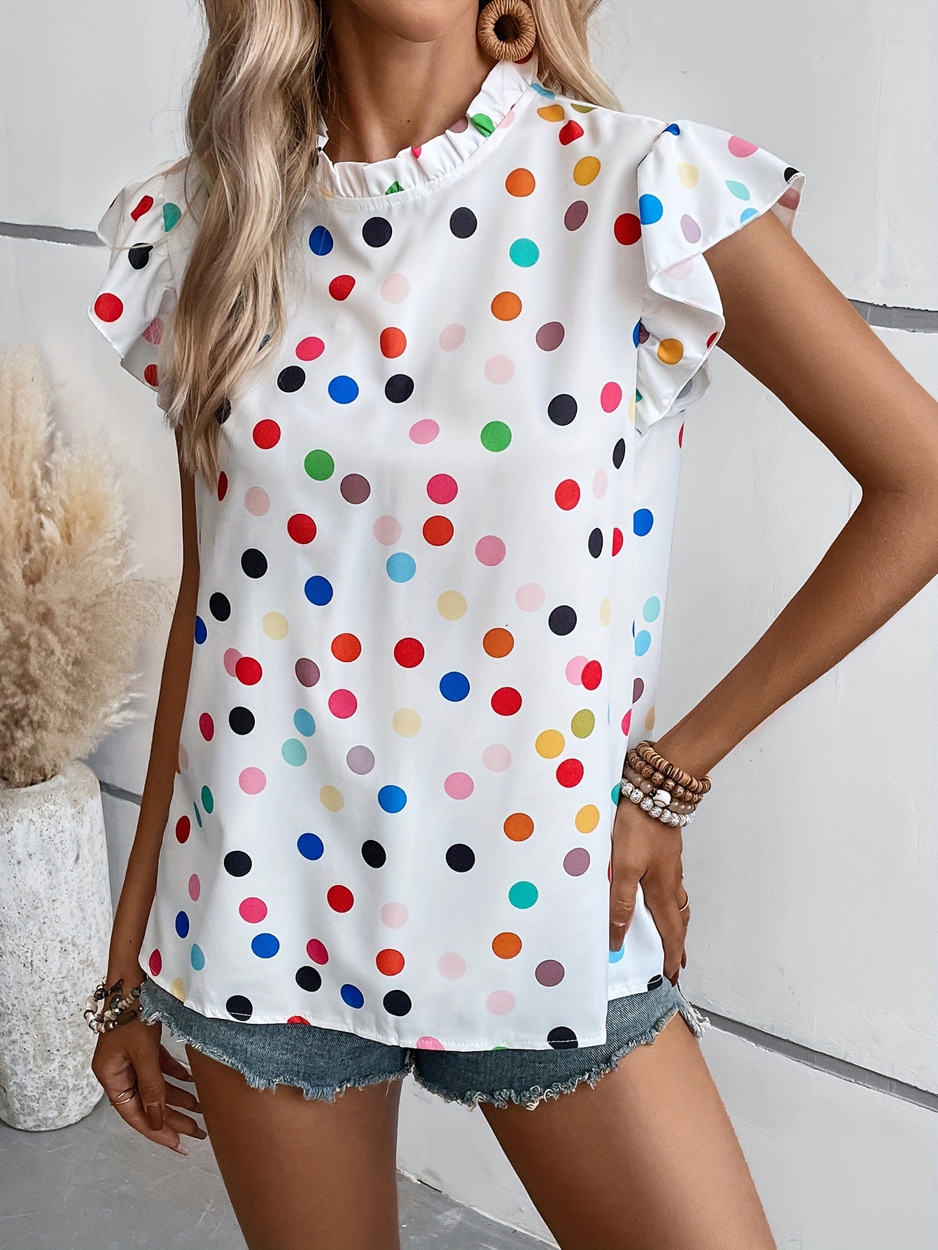 polka dot ruffle trim blouse casual crew neck blouse for spring summer womens clothing details 10