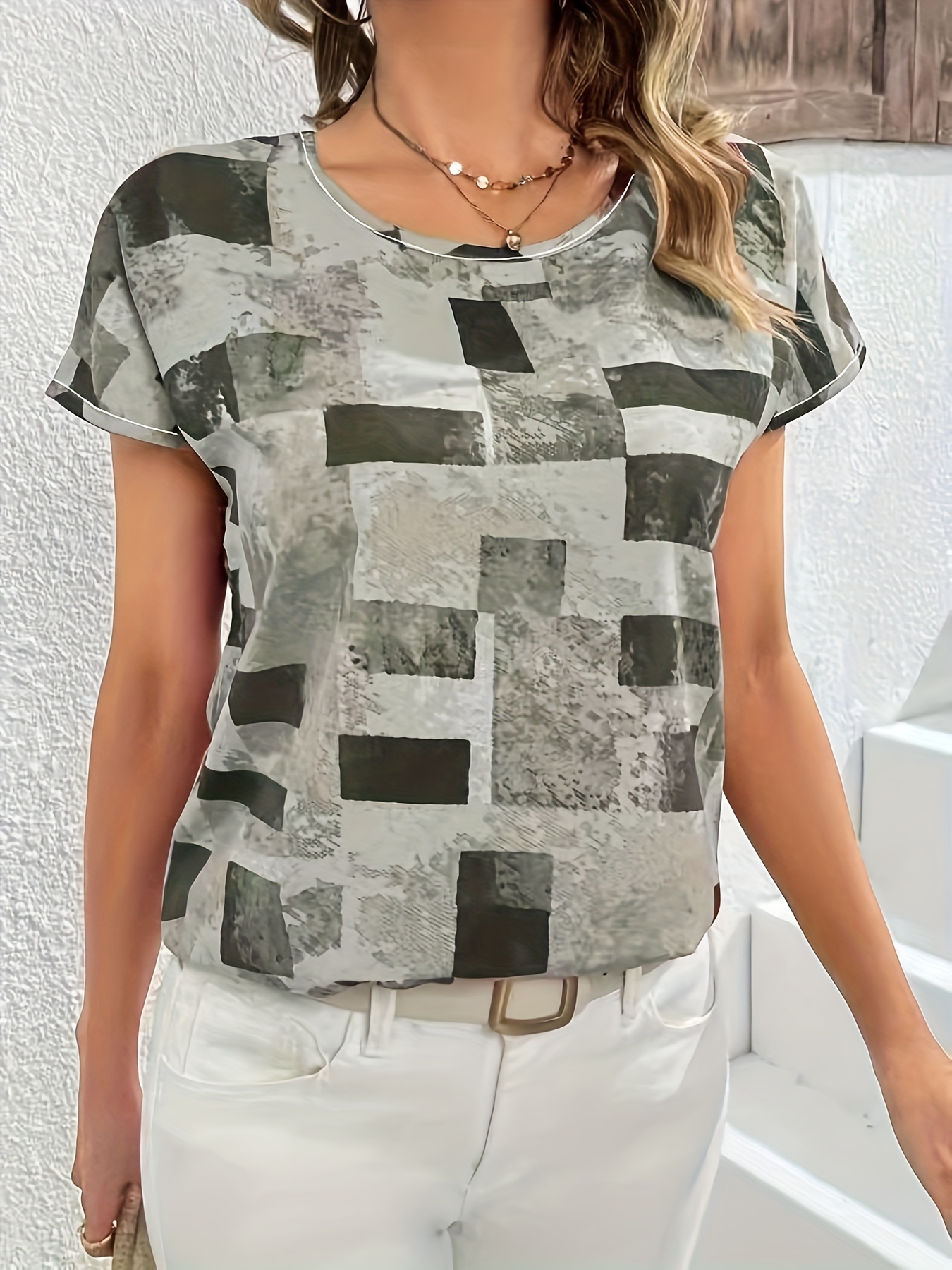 geometric print blouse casual crew neck short sleeve summer blouse womens clothing details 0