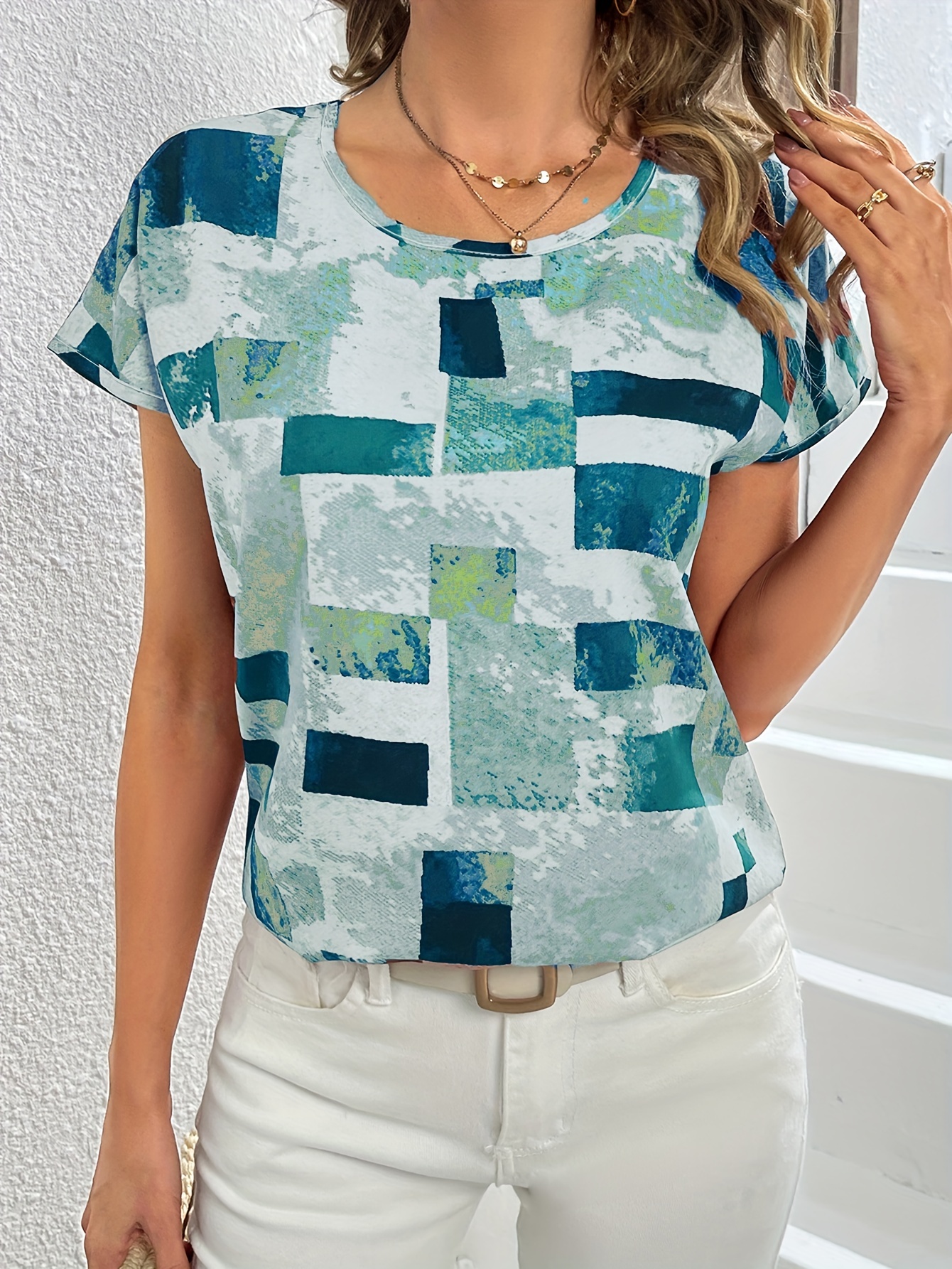 geometric print blouse casual crew neck short sleeve summer blouse womens clothing details 8