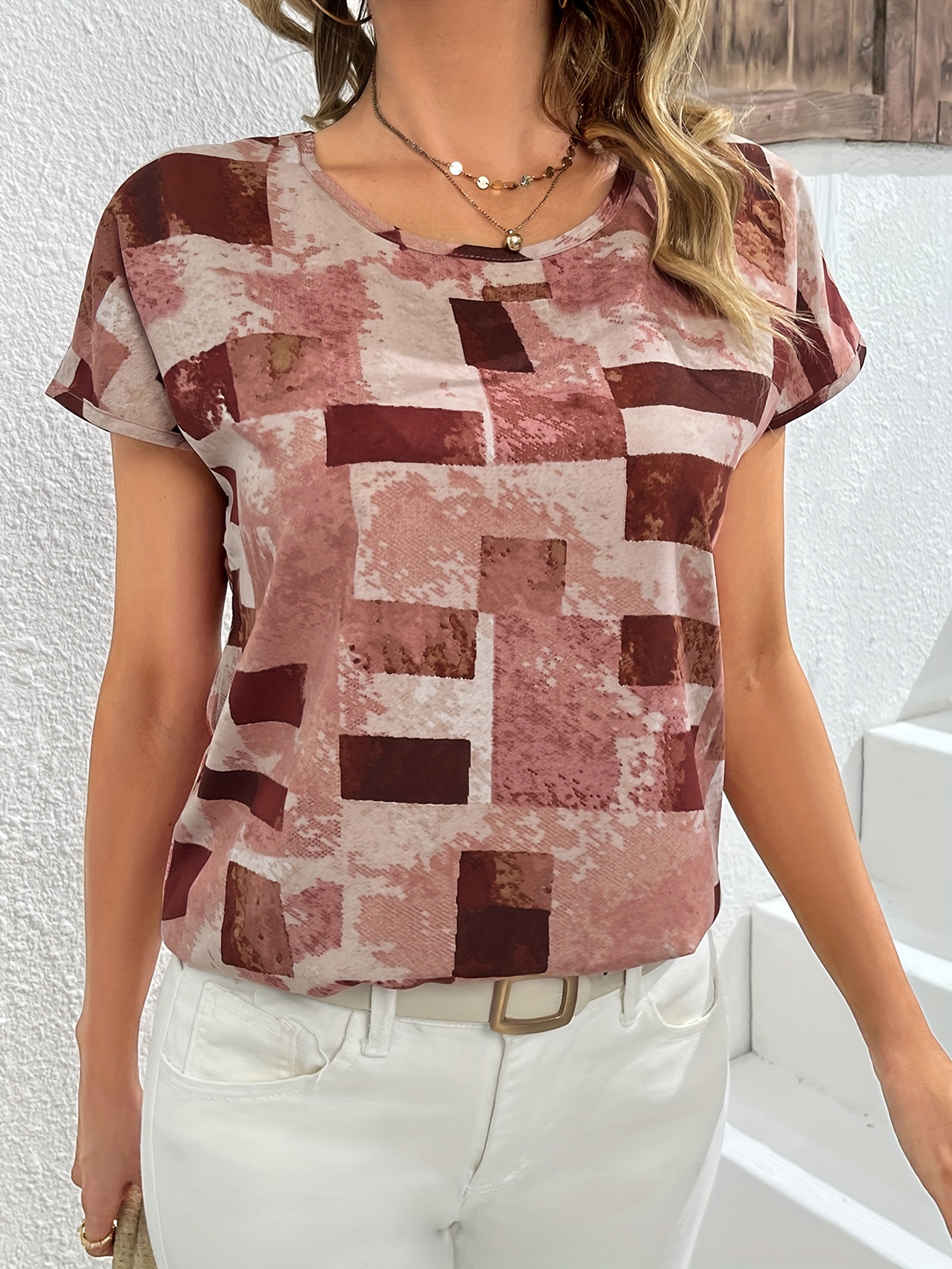 geometric print blouse casual crew neck short sleeve summer blouse womens clothing details 12