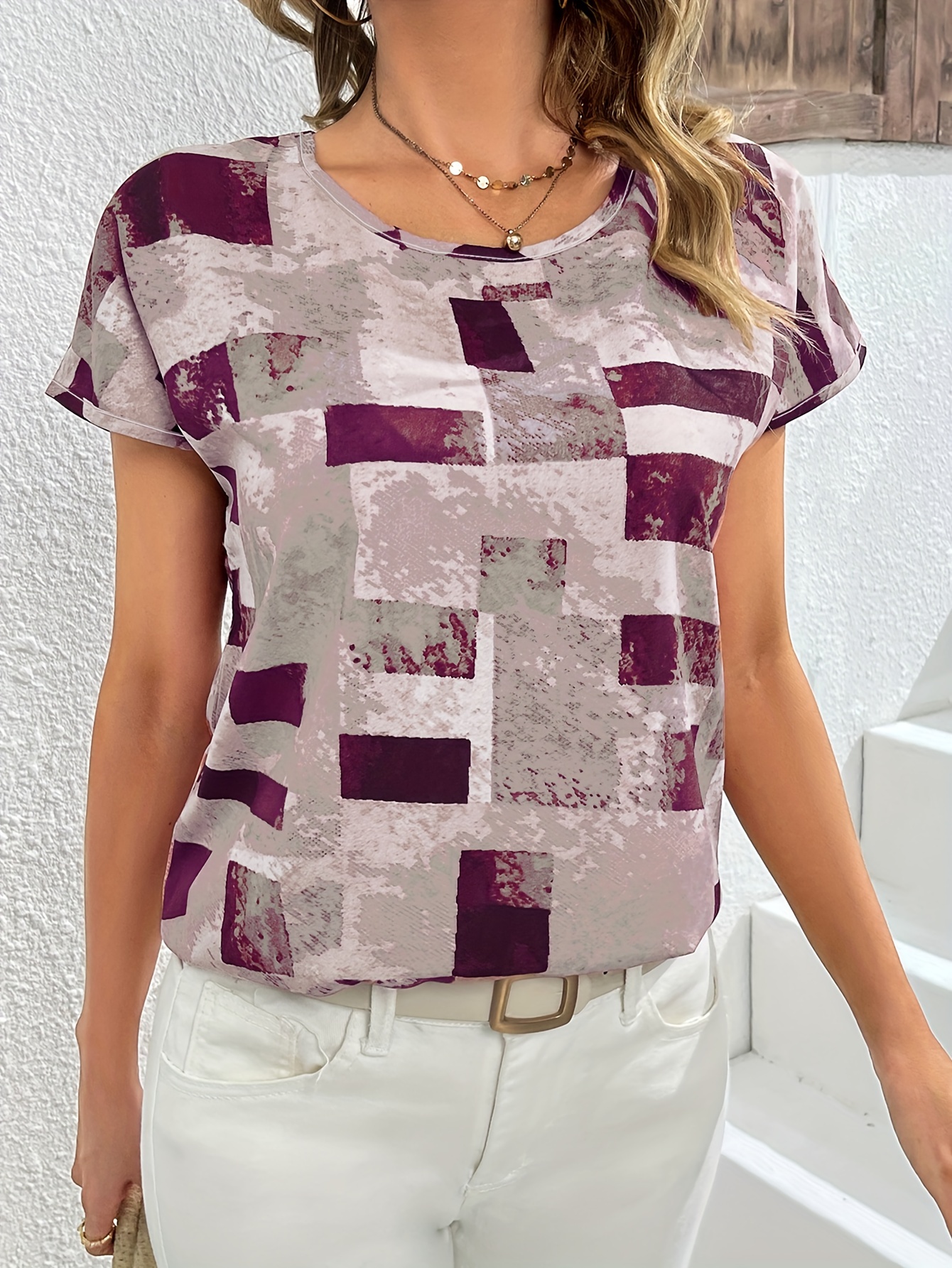 geometric print blouse casual crew neck short sleeve summer blouse womens clothing details 16