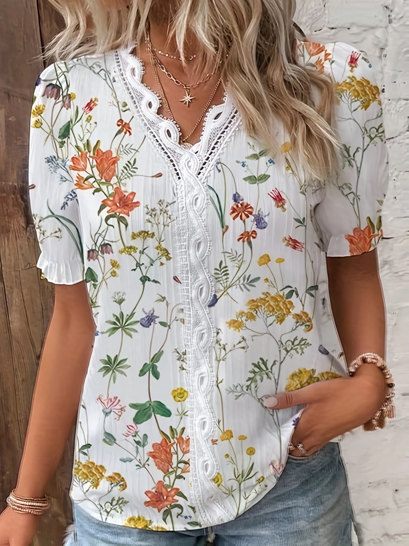 floral print contrast lace blouse casual v neck short sleeve summer blouse womens clothing details 0